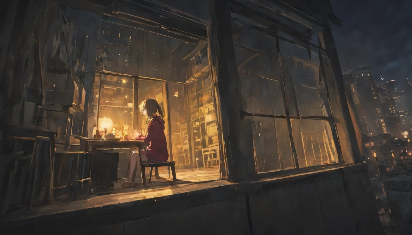 girl alone by window, dark room, night