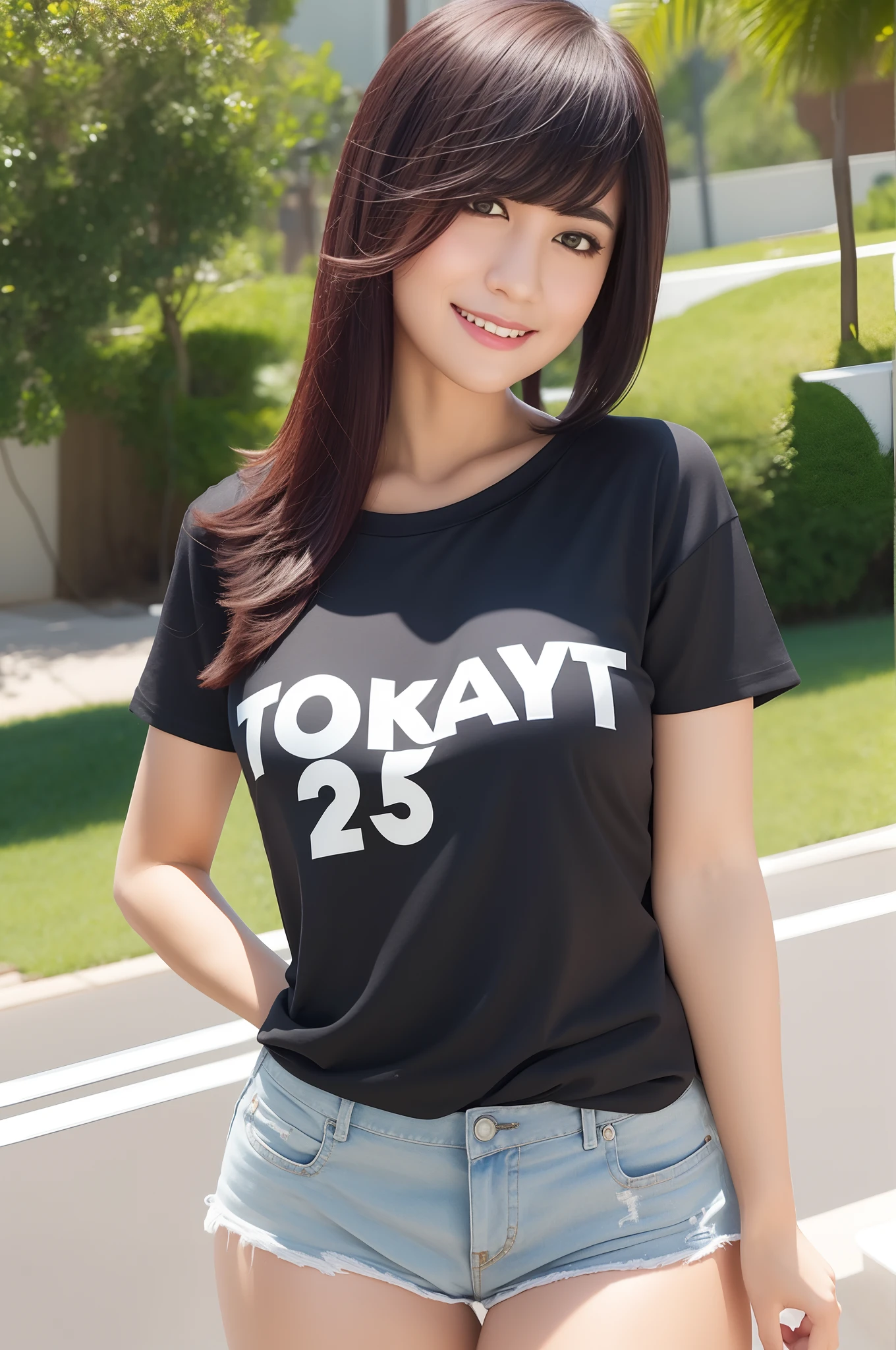 25old years, Half body shirt, hotpants, Standing at park, long black bangs hair, glare expression, smile, Slanted eyes, red nails, at photo room, beautiful face, photorealistic, masterpiece
