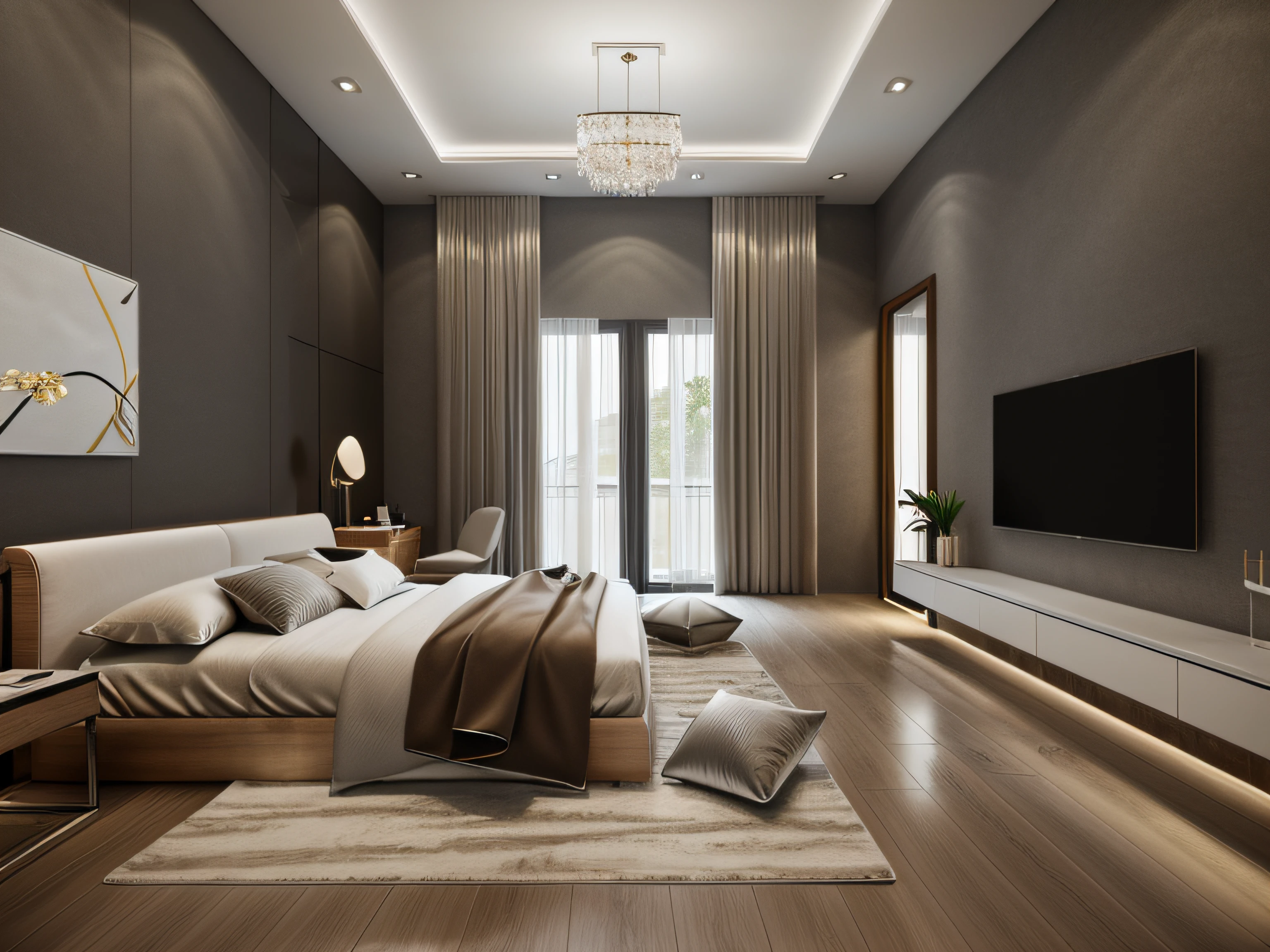 luxury master bedroom , (Bedside decoration wall)(Arched glass windows),white wall,arm chair,recessed LED lights,tab, light on tab,makeup table,((make-up mirror)), white flat plaster ceiling,((glossy mdf headboard wall)), (Sharp straight ceiling lines),(((glass windows))),curtain,(light from the window), spot light,(((glossy wooden floor))), mirror,warm atmosphere,indoor, nighlight, shimering light, cinematic lighting,ender in vray, vray render, luxury hd render,Extremely high image rendering, dark light, rugsuper photo quality,8k photo quality,((sharp interior)),(Sharp rendering images),(Award winning design), ((Modern chandelier)),(((modern wall lamp))),modern rug ,bright tones,luxury space,((surreal image quality)) (accent lighting) ,recessed ceiling lights,indoor, nighlight, shimering light, cinematic lighting,Hyper-realistic photo rendering,warm light