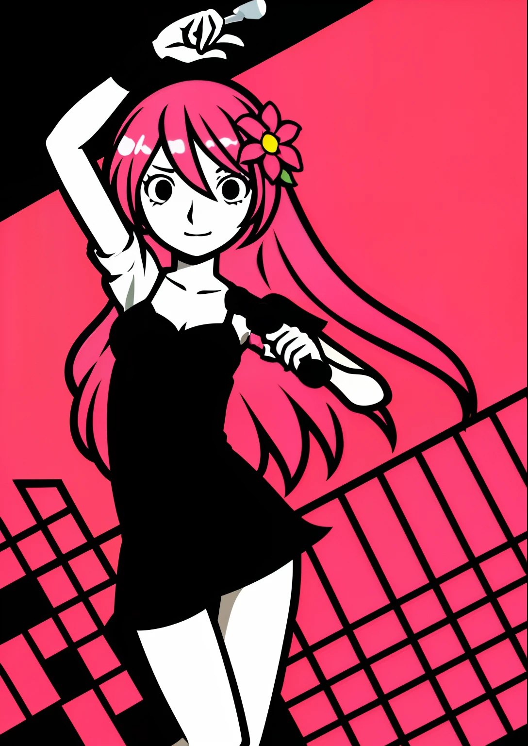 Megurine luka, Rhythm_Heaven, 1girl in, Pink hair, Long hair, holding microphone, Dancing, Hair Flower, Short sleeves,