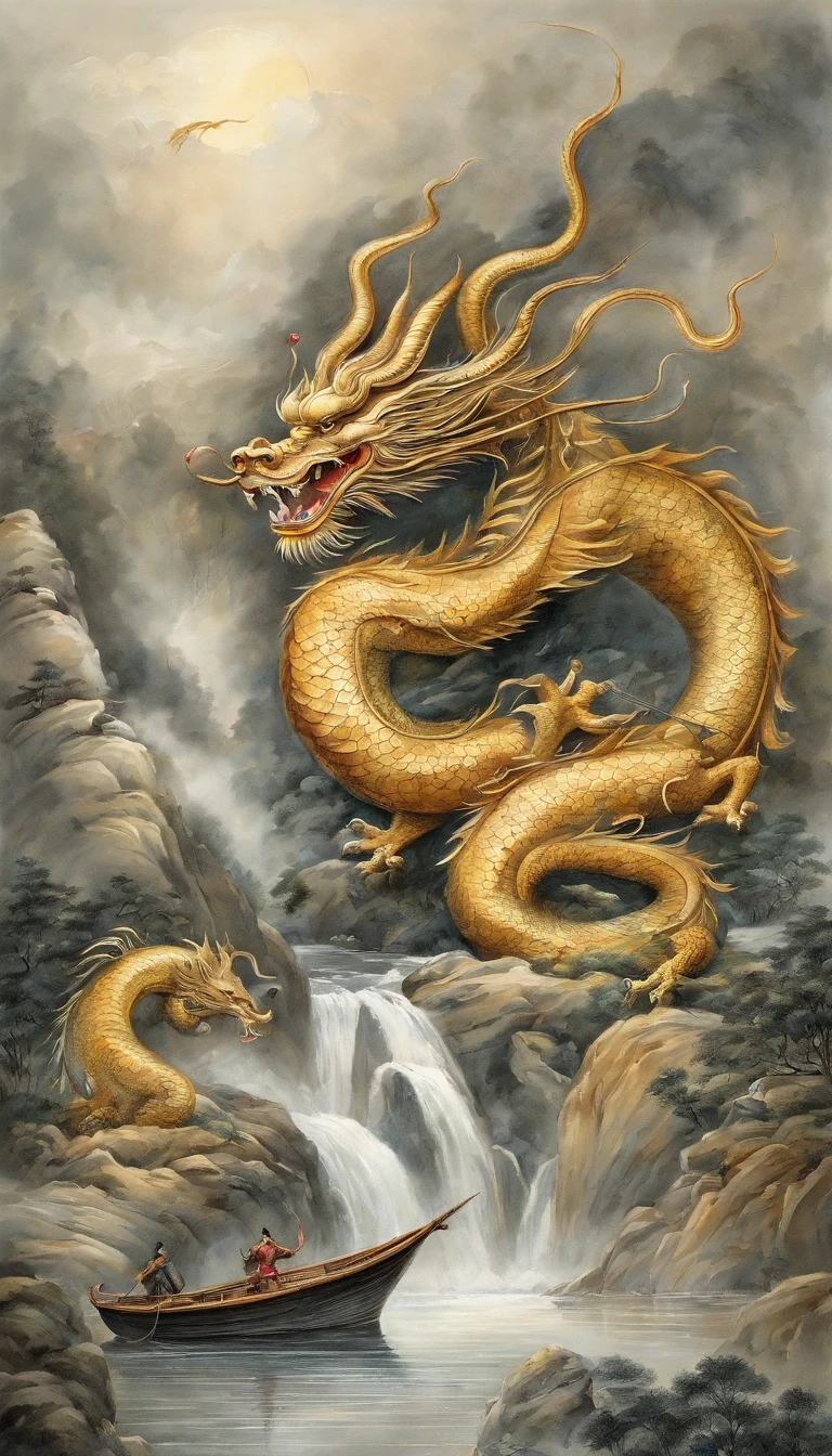 Chinese dragon painting,a gold dragon horvering in the clouds, ink and watercolor painting,water ink,ink,Smudge,Faraway view,Ultra-wide viewing angle,Meticulous,water ink,Smudge,Meticulous,Smudge,low-saturation,Low contrast,The light boat has crossed the Ten Thousand Heavy Mountains,Beautifully depicted,A detailed,acurate,Works of masters,tmasterpiece