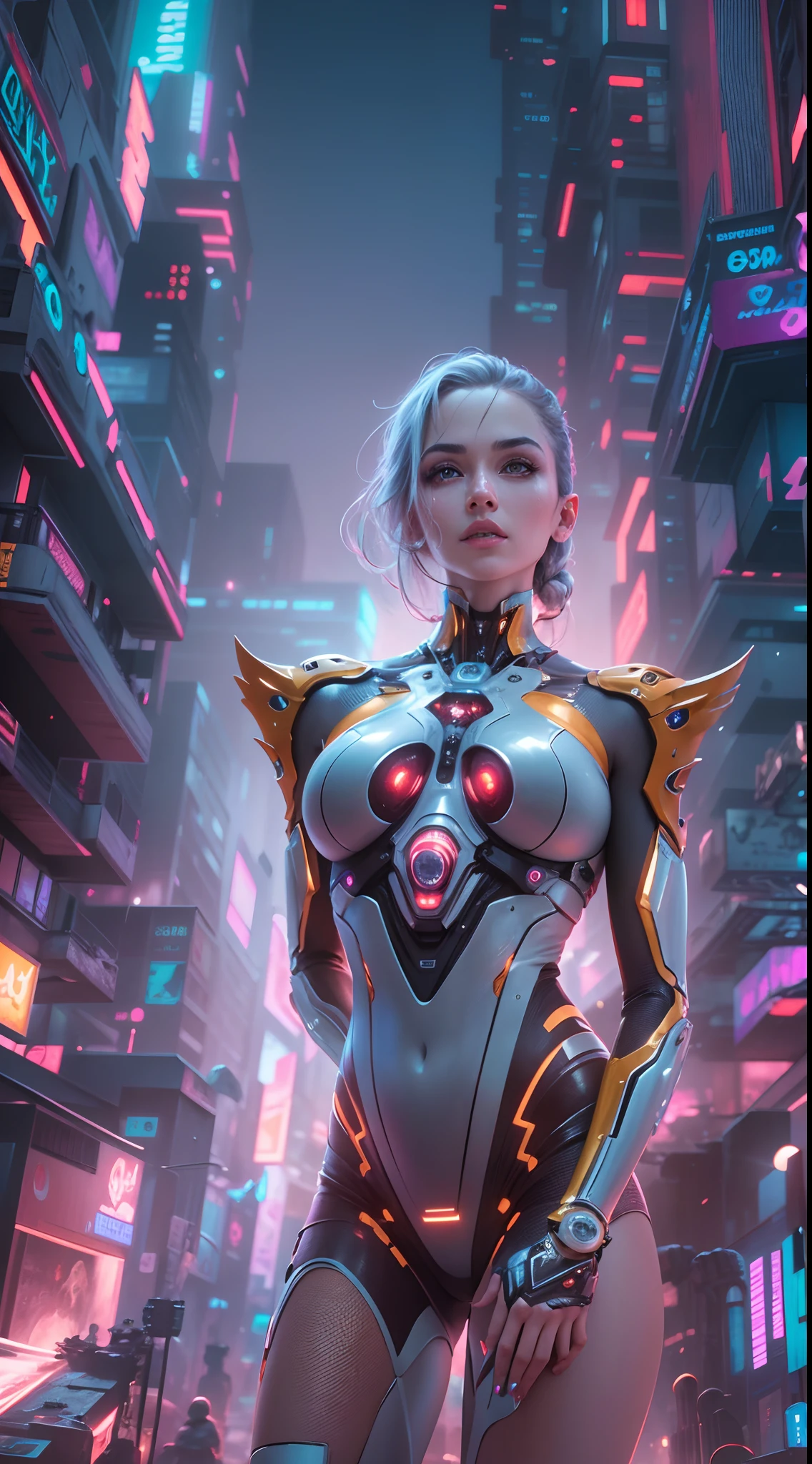 A mechanical girl of the future,gleaming metal,shimmering robotic movements,ethereal,Futuristic technology,advanced artificial intelligence,neon-lit cityscape,Metallic exoskeleton,highly detailed facial features,glowing LED eyes,meticulously crafted synthetic skin,extravagant futuristic fashion,hovering above the ground,exploring the urban landscape,futuristic technology,exquisite craftsmanship,metallic limbs with intricate designs,seamless integration of human and machine,surreal,otherworldly atmosphere,utopian cityscape in the backdrop,advanced weaponry integrated into her body,emitting a soft vibrant glow,expressive and captivating gaze,superhuman strength and agility,striking a pose of confidence and power,high-resolution portrait with vibrant colors and intricate details,breathtaking,awe-inspiring artwork. (best quality,4k,8k,highres,masterpiece:1.2),ultra-detailed,(realistic,photorealistic,photo-realistic:1.37),HDR,UHD,studio lighting,ultra-fine painting,sharp focus,physically-based rendering,extreme detail description,professional,vivid colors,bokeh,portraits,concept artists