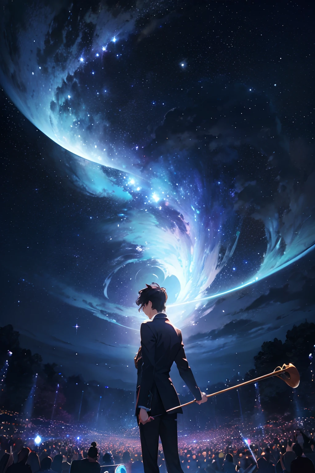 Create exquisite illustrations reminiscent of Makoto Shinkai's style, It has ultra-fine details and top-notch quality. Create an illustration where a young man stands beneath a fantastical starry sky, with numerous sheets of music swirling around him as if carried by the celestial winds. He wields a conductor's baton, directing the ethereal dance of the musical notes. His posture and gestures resemble that of a conductor, orchestrating a symphony with the cosmos itself. The starry night provides a breathtaking backdrop, filled with the wonders of the universe. This captivating scene exudes an aura of enchantment and nostalgia, inviting viewers to join in the celestial harmony.
