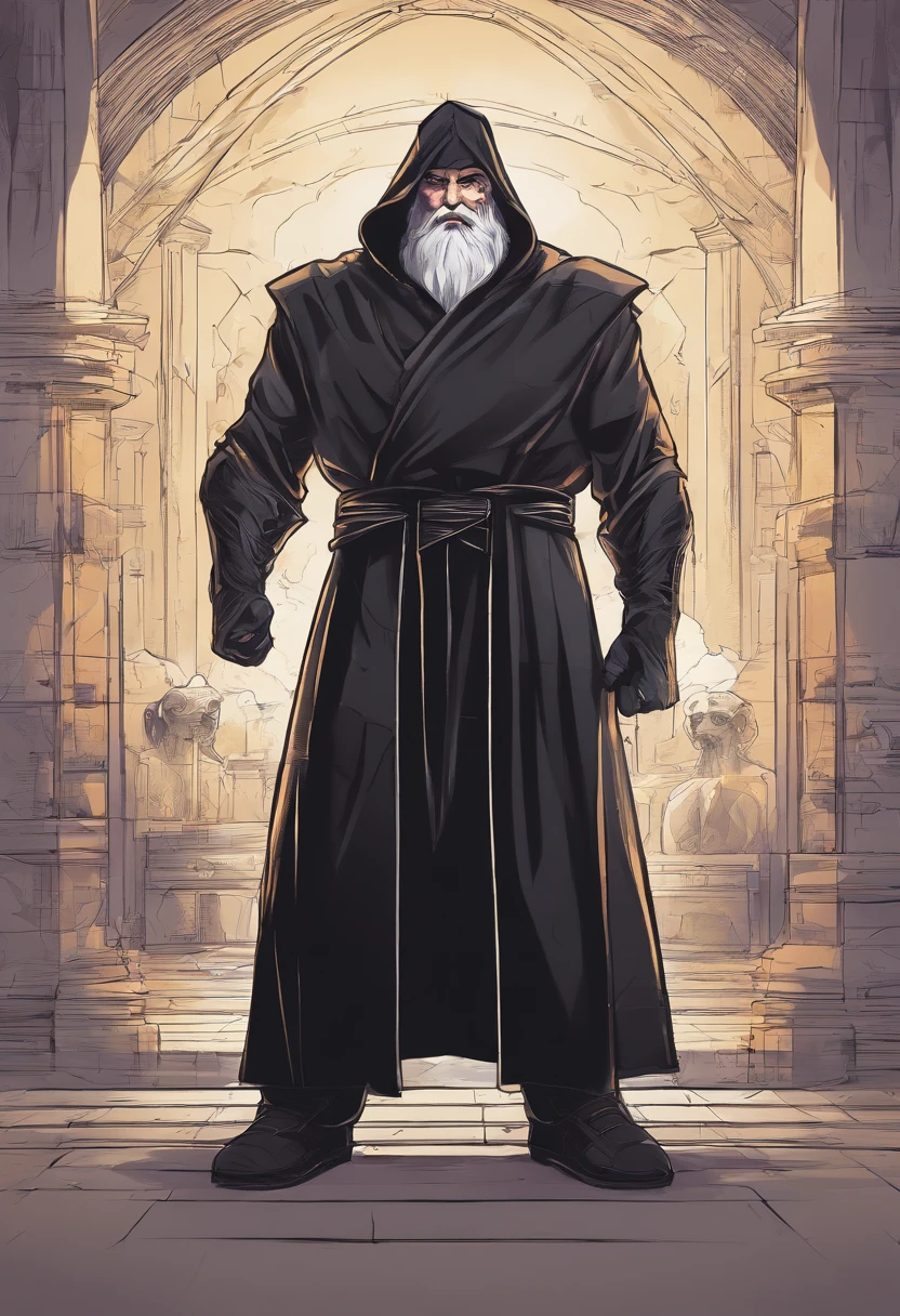 uma detalhada, Hyper-realistic illustration of John Knox with his traditional black cloak and black pants working out bodybuilding gym, serious expression on his face in a dynamic pose, Corpot inteiro, Estilo Cartoon, Rede de desenhos animados, bodybuilding gym scenario, Dramatic lighting and cartoon style, vector.