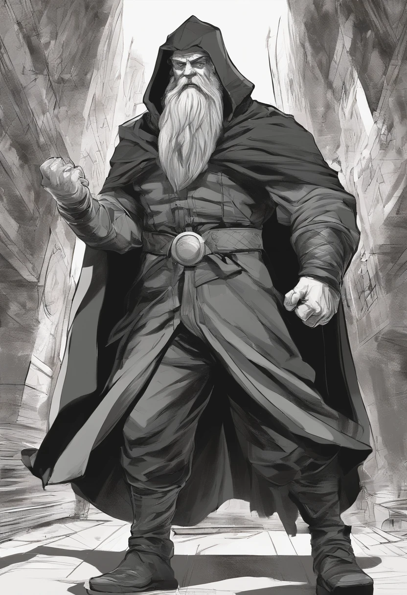 uma detalhada, Hyper-realistic illustration of John Knox with his traditional black cloak and black pants working out bodybuilding gym, serious expression on his face in a dynamic pose, Corpot inteiro, Estilo Cartoon, Rede de desenhos animados, bodybuilding gym scenario, Dramatic lighting and cartoon style, vector.