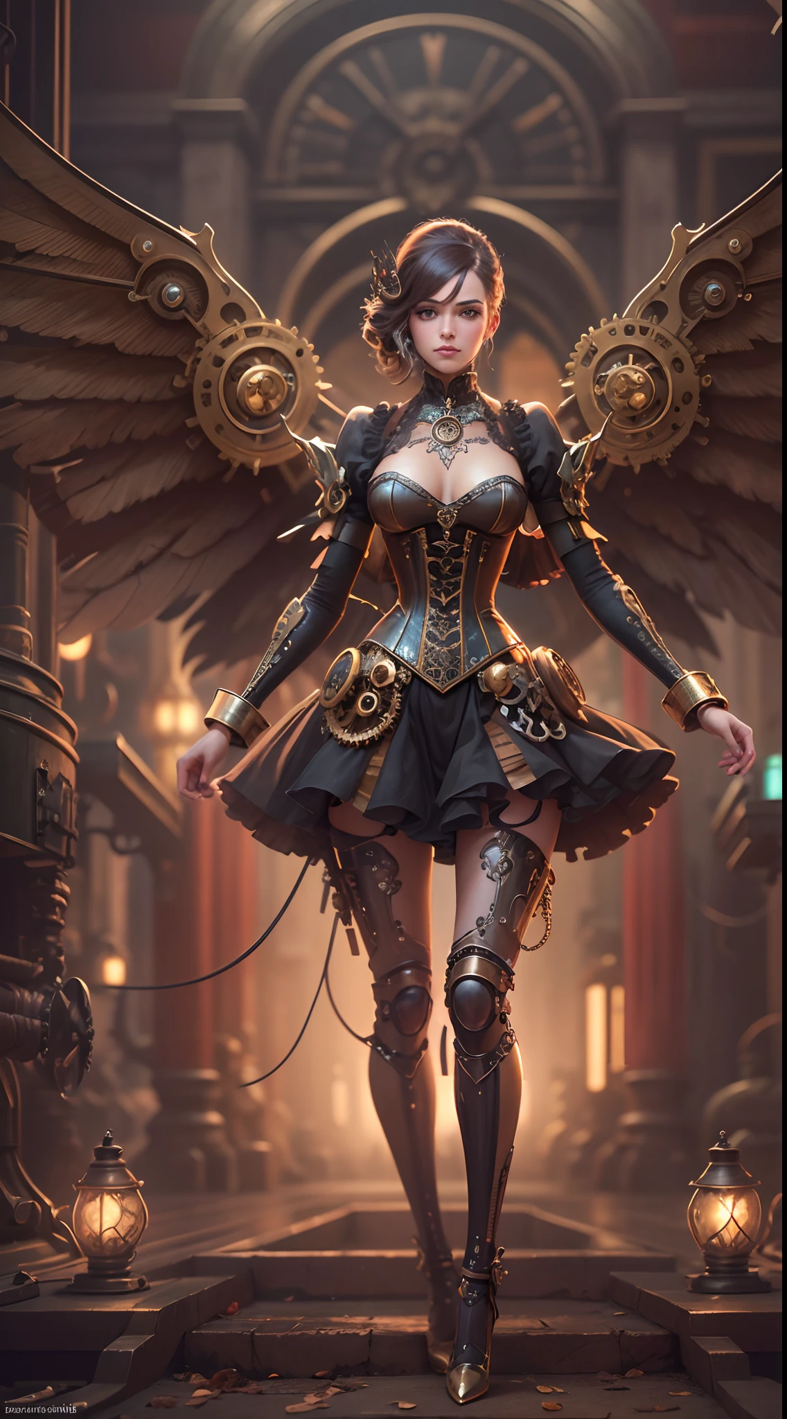 (best quality,4k,highres,masterpiece:1.2),ultra-detailed,(realistic:1.37) girl with mechanical parts,steampunk style,delicate clockwork details,brass gears and cogs,beautifully intricate design,mechanical wings,glowing eyes and glowing tattoos,ornate metal corset and skirt,graceful and elegant poses,industrial background with smoky atmosphere,soft warm lighting,vintage color palette,perfectly blended human and mechanical elements