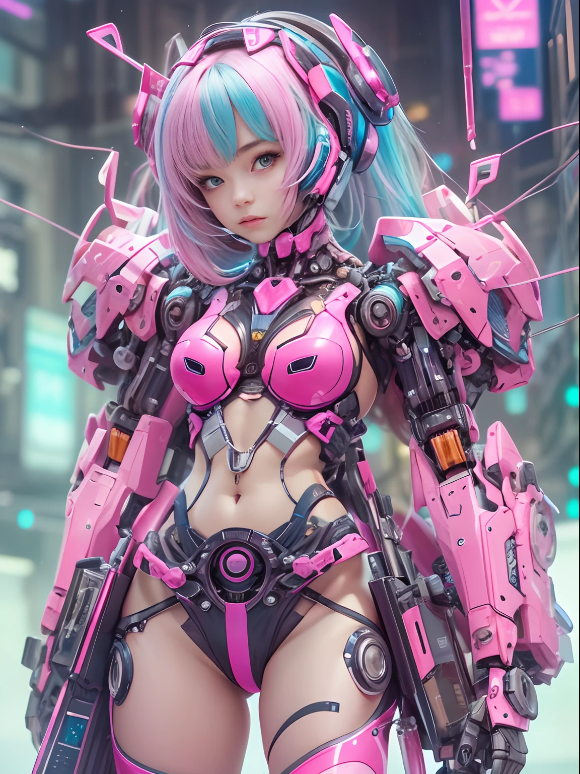 Masterpiece, high high quality, A high resolution, high textured, 8K, HighDynamicRange, Robot girl in bikini costume, Medium breasts, Pink transparent tights, mechs, Medium cyan hair, bangs, Mechanical prosthetics, mechanical leg, messy hair, Detailed skin,fine-grained skin, natta, cyber punk city,