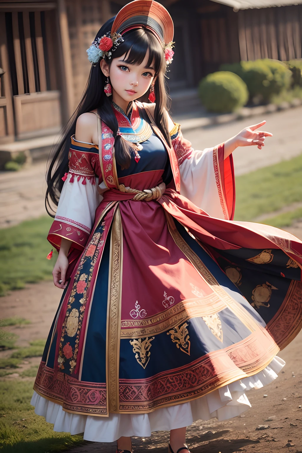 Generate images of beautiful girls in vibrant traditional dresses from her culture.