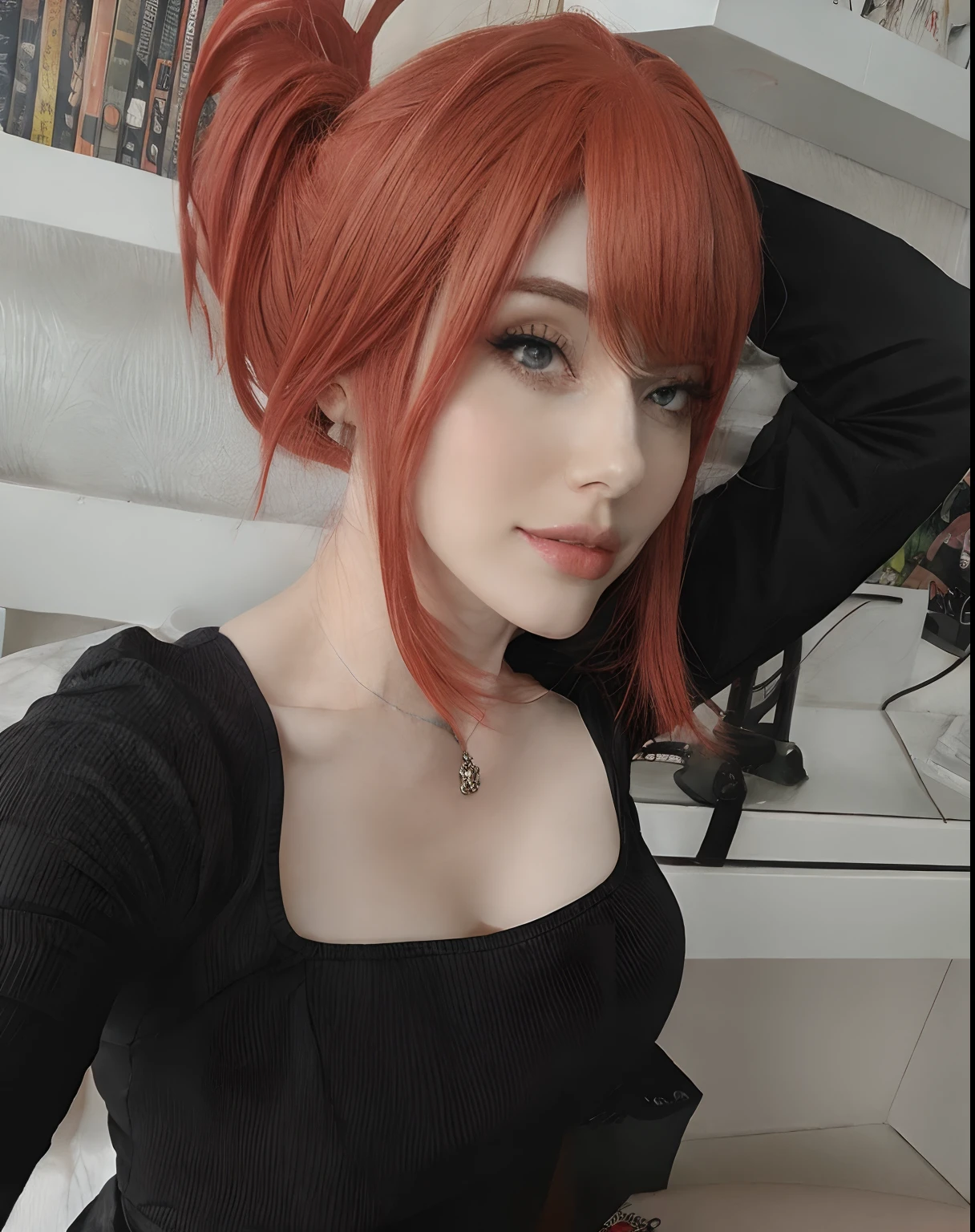 Hay una mujer con el pelo rojo y un top negro posando para una foto, Amouranth, Chica de anime en la vida real, better known as amouranth, Inspirado en el anime, Ayaka Cosplay, Hermosa Delphine, Anime Girl Cosplay, cosplay, vibraciones de anime, cosplay profesional, Rena Nounen Estilo 3/4, Anime de cosplay, joven hermosa Amouranth