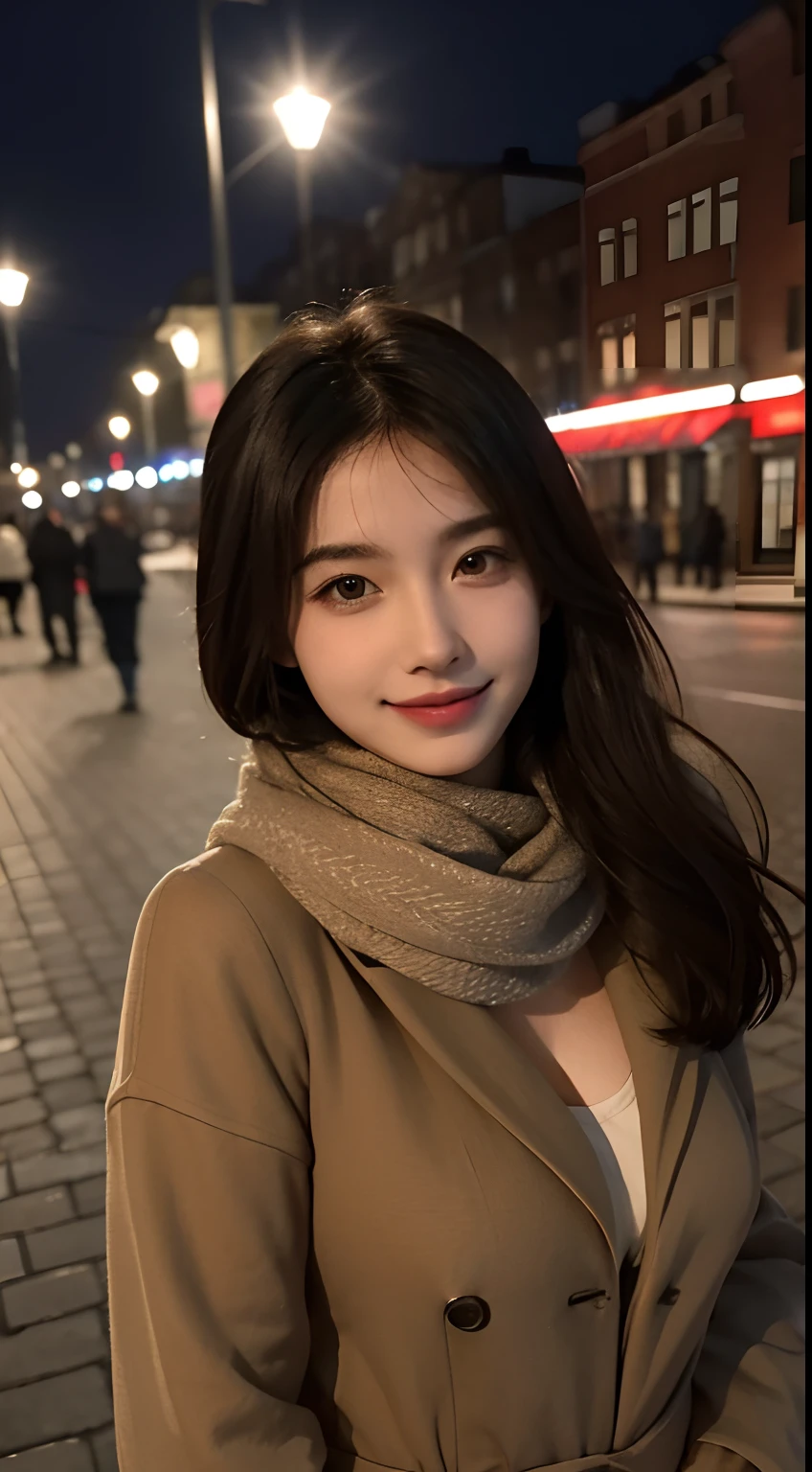 masterpiece, realistic, 8k, ultra HD, a street center photo shows an adorable, 27-year-old. In this photo, it is apparent that she has sharp eyes and a pointed nose, but she has a cute smile. Her breasts are big sized. Maximize it enhanced her breast contour. Sexy but still in the normal stage. The photo was taken at a street center in Russia with good lighting that creates a cinematic atmosphere for the image. She is also seen wearing an adorable scarf.