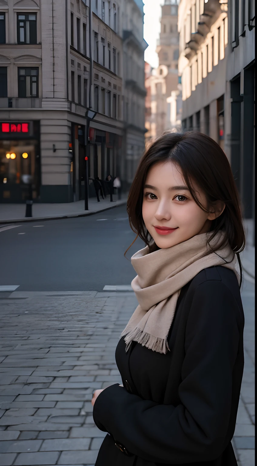 masterpiece, realistic, 8k, ultra HD, a street center photo shows an adorable, 27-year-old. In this photo, it is apparent that she has sharp eyes and a pointed nose, but she has a cute smile. Her breasts are big sized. Maximize it enhanced her breast contour. Sexy but still in the normal stage. The photo was taken at a street center in Russia with good lighting that creates a cinematic atmosphere for the image. She is also seen wearing an adorable scarf.