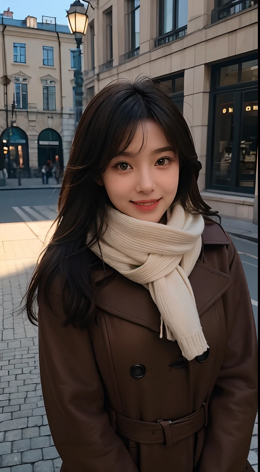 masterpiece, realistic, 8k, ultra HD, a street center photo shows an adorable, 27-year-old. In this photo, it is apparent that she has sharp eyes and a pointed nose, but she has a cute smile. Her breasts are big sized. Maximize it enhanced her breast contour. Sexy but still in the normal stage. The photo was taken at a street center in Russia with good lighting that creates a cinematic atmosphere for the image. She is also seen wearing an adorable scarf.