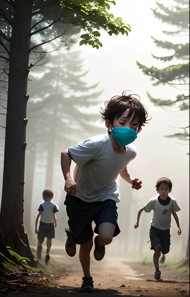 Three children playing near a forest, Face covered by a mist, blurry face. Three faceless children, three children, Three children running after each other. Children playing on a wheel, Three children playing, imagem sem cor