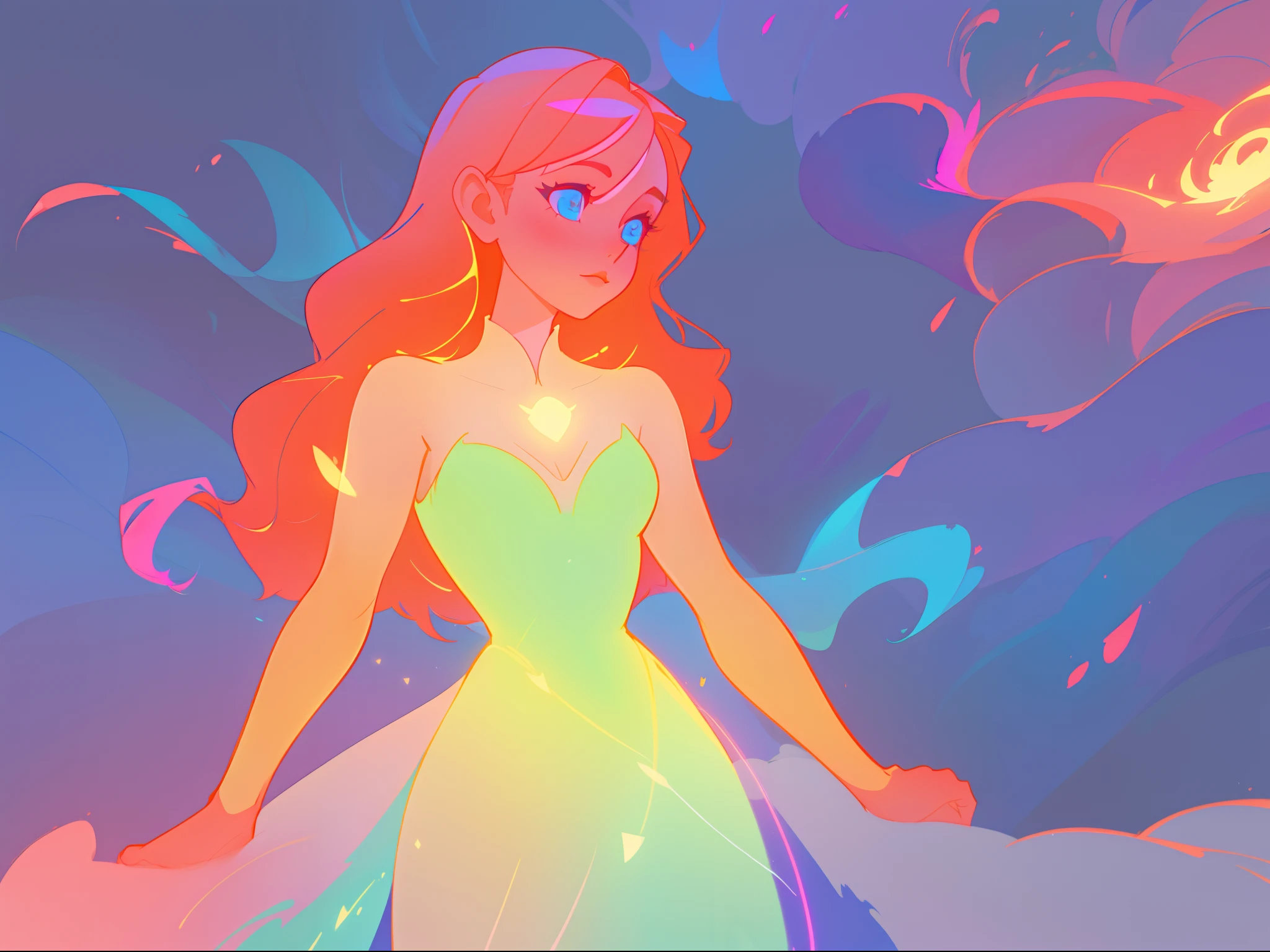 there is a girl in a dress that is standing in the snow, inspired by Glen Keane, inspired by Lois van Baarle, disney art style, by Lois van Baarle, glowing aura around her, by Glen Keane, jen bartel, glowing lights! digital painting, flowing glowing hair, glowing flowing hair, beautiful digital illustration