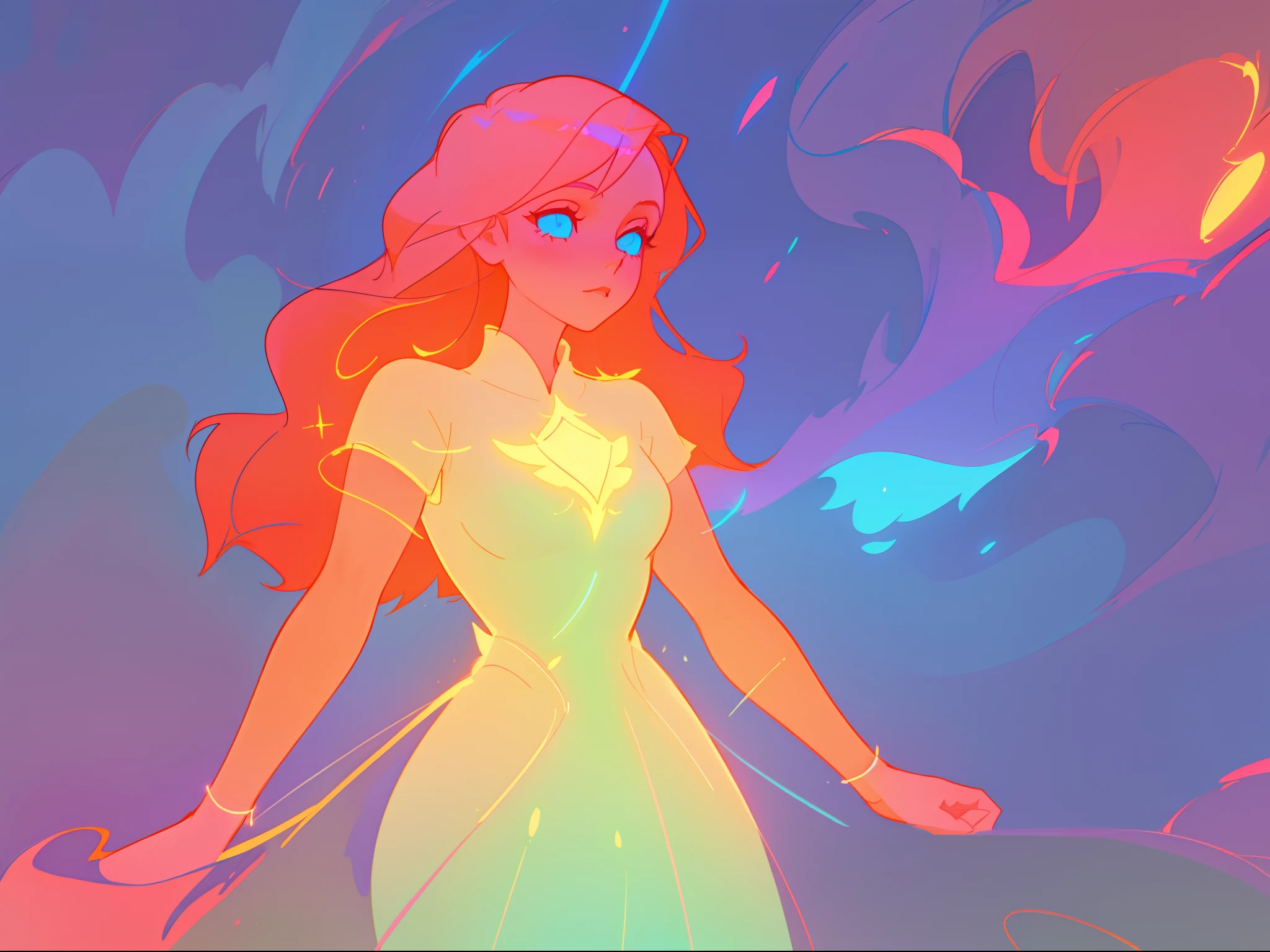 there is a girl in a dress that is standing in the snow, inspired by Glen Keane, inspired by Lois van Baarle, disney art style, by Lois van Baarle, glowing aura around her, by Glen Keane, jen bartel, glowing lights! digital painting, flowing glowing hair, glowing flowing hair, beautiful digital illustration