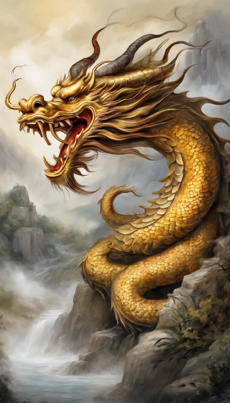 Chinese dragon painting,a gold dragon horvering in the clouds, ink and watercolor painting,water ink,ink,Smudge,Faraway view,Ultra-wide viewing angle,Meticulous,water ink,Smudge,Meticulous,Smudge,low-saturation,Low contrast,Beautifully depicted,A detailed,acurate,Works of masters,tmasterpiece