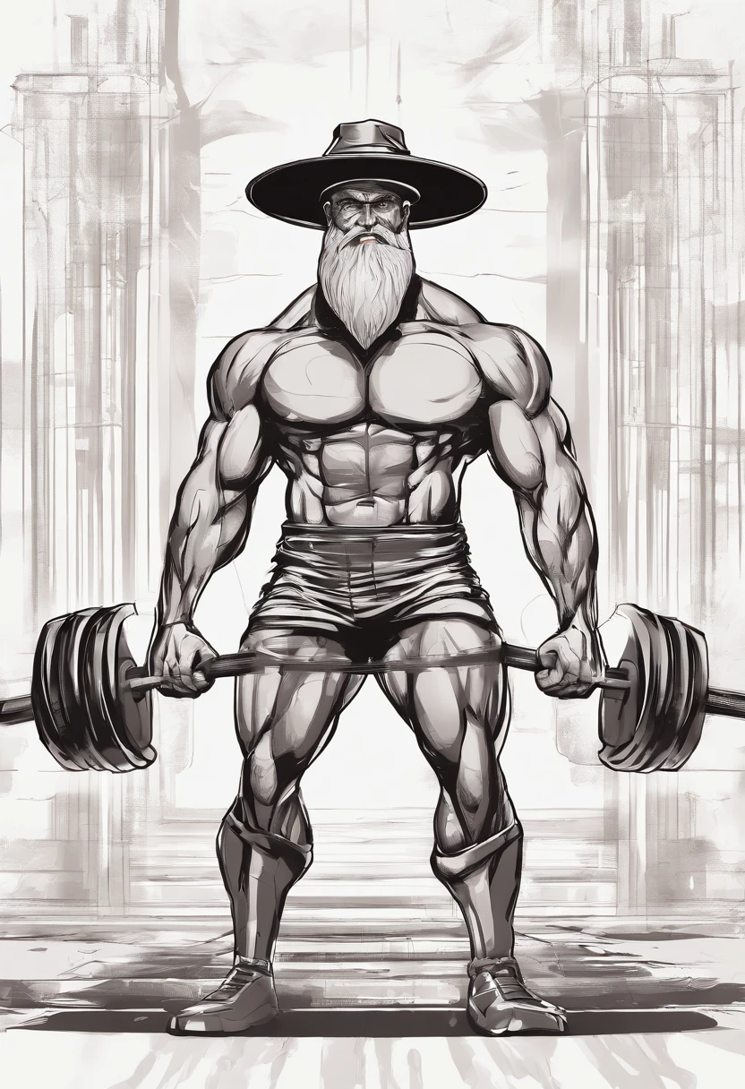 uma detalhada, Hyper-realistic illustration of John Knox with his traditional hat and working out bodybuilding gym, serious expression on his face in a dynamic pose, Corpot inteiro, Estilo Cartoon, Rede de desenhos animados, bodybuilding gym scenario, Dramatic lighting and cartoon style, vector.