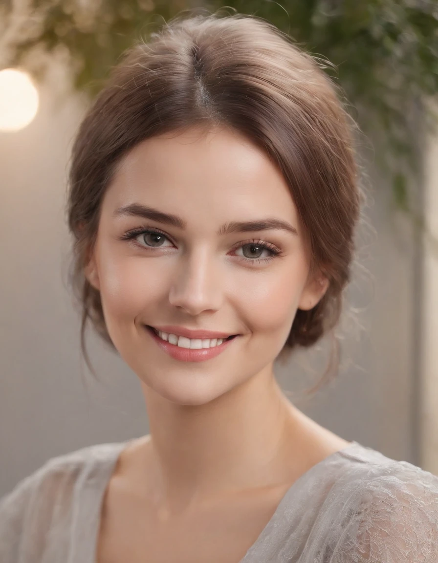 (photo: 1.3) af (realistic: 1.3), Caucasian woman, soft light, clear face, happy, cheerful, smiling, warm light, ((gray-white gradient background)), (background)). ((gray wall background)) avatar, (long or short hair), smile, handsome, young,, short hair, smile,(medium close-up)