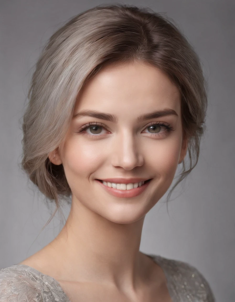 (photo: 1.3) af (realistic: 1.3), Caucasian woman, soft light, clear face, happy, cheerful, smiling, warm light, ((gray-white gradient background)), (background)). ((gray wall background)) avatar, (long or short hair), smile, handsome, young,, short hair, smile,(medium close-up）