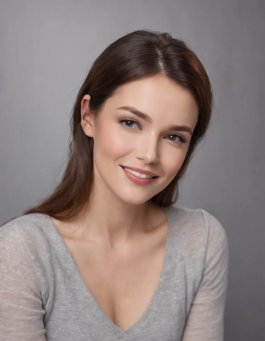 (photo: 1.3) af (realistic: 1.3), Caucasian woman, soft light, clear face, happy, cheerful, smiling, warm light, ((gray-white gradient background)), (background)). ((gray wall background)) avatar, (long or short hair), smile, handsome, young,, short hair, smile,(medium close-up)