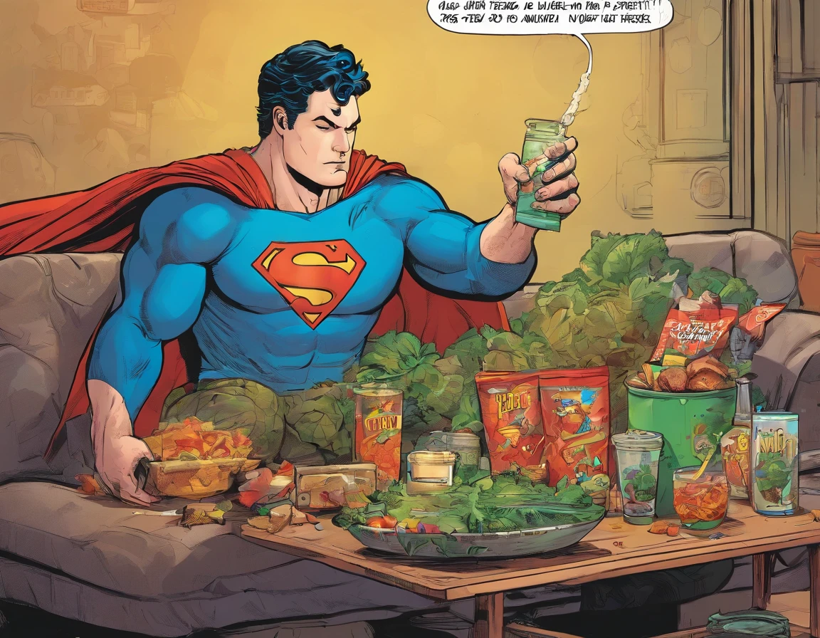 a fat and tired superman from dc comics sitting on the couch eating junk food with a weed bong glowing of kryptonite