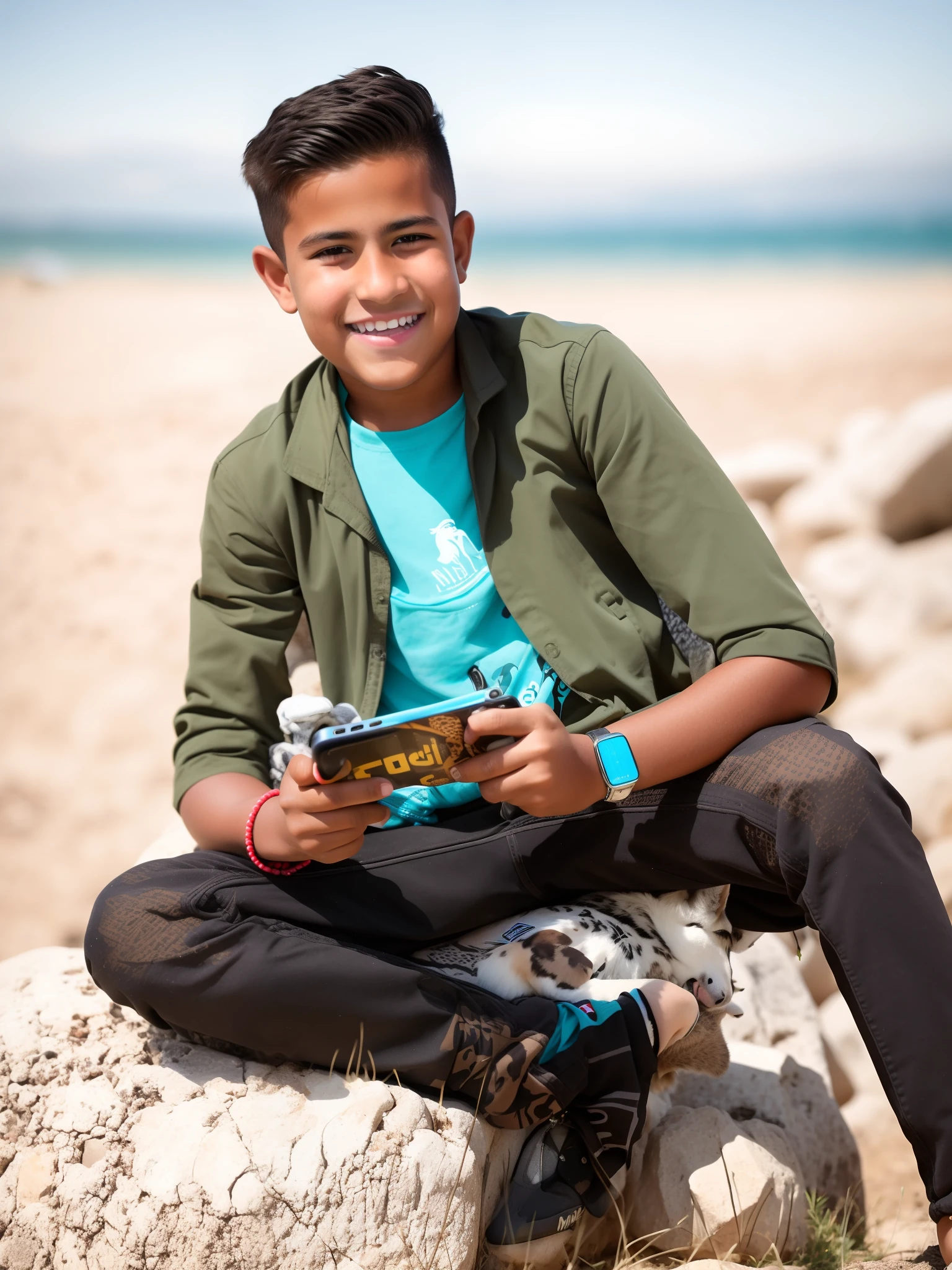 araffe boy sitting on a rock with a cell phone in his hand, candid picture, very very high quality picture, candid photography, shot on nikon z9, casual photography, edited in photoshop, candid photo, with lovely look, in sunny weather, with a beautifull smile, photo taken with canon 5d, very clear picture, taken with sony alpha 9