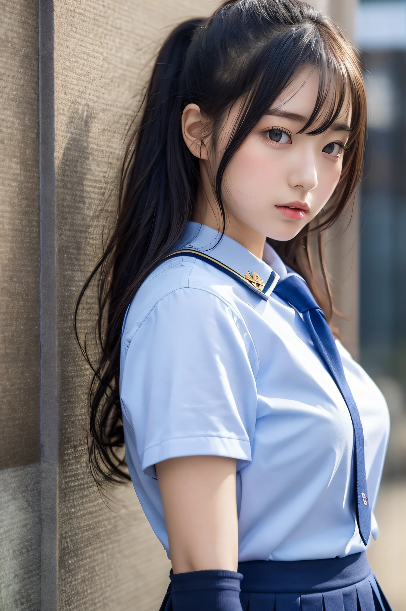 japanaese girl、 girls、perfect body type、Transparency、Transcendent Big、School Uniforms、Navy blue tie、Navy blue skirt、Light blue shirt、hposing Gravure Idol、waterside
