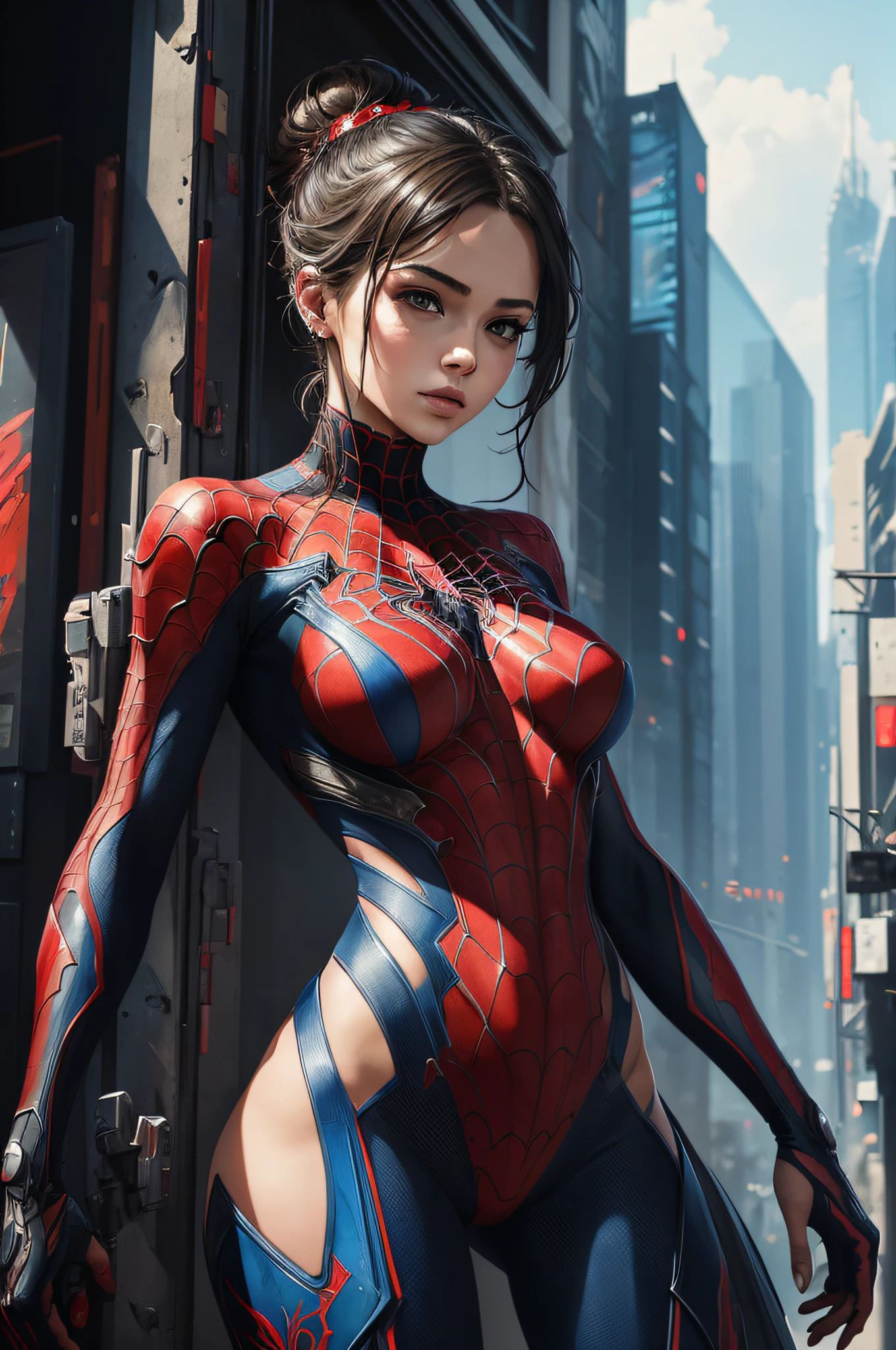 a masterpiece, sticker of a insanely beautiful spidergirl wearing red an blue costume, coy and alluring, full body, uthereal background, freedom, soul, hyperrealistic, uthereal face, cyberpunk, perfect anatomy, centered, approaching perfection, dynamic, highly detailed, watercolor painting, artstation, concept art, smooth, sharp focus, illustration, art by Carne Griffiths and Wadim Kashin, unique, award winning, masterpiece