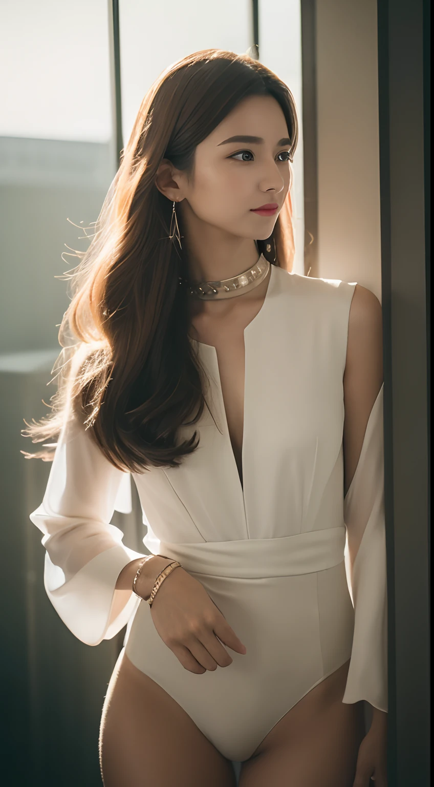 Works of masters,Best image quality,high detal,超高分辨率,8K分辨率,first person perspective,s the perfect face,solo person,femele,(Slender thighs:1.27),ssmile,long whitr hair,A brown-haired,Bracelet,Collar,pendant,ear studs,Hanfu,Facing the viewer,Autumn,plateau,album covers,Cinematic lighting,A melting pot of all things,Star sideburns,Ex Machina