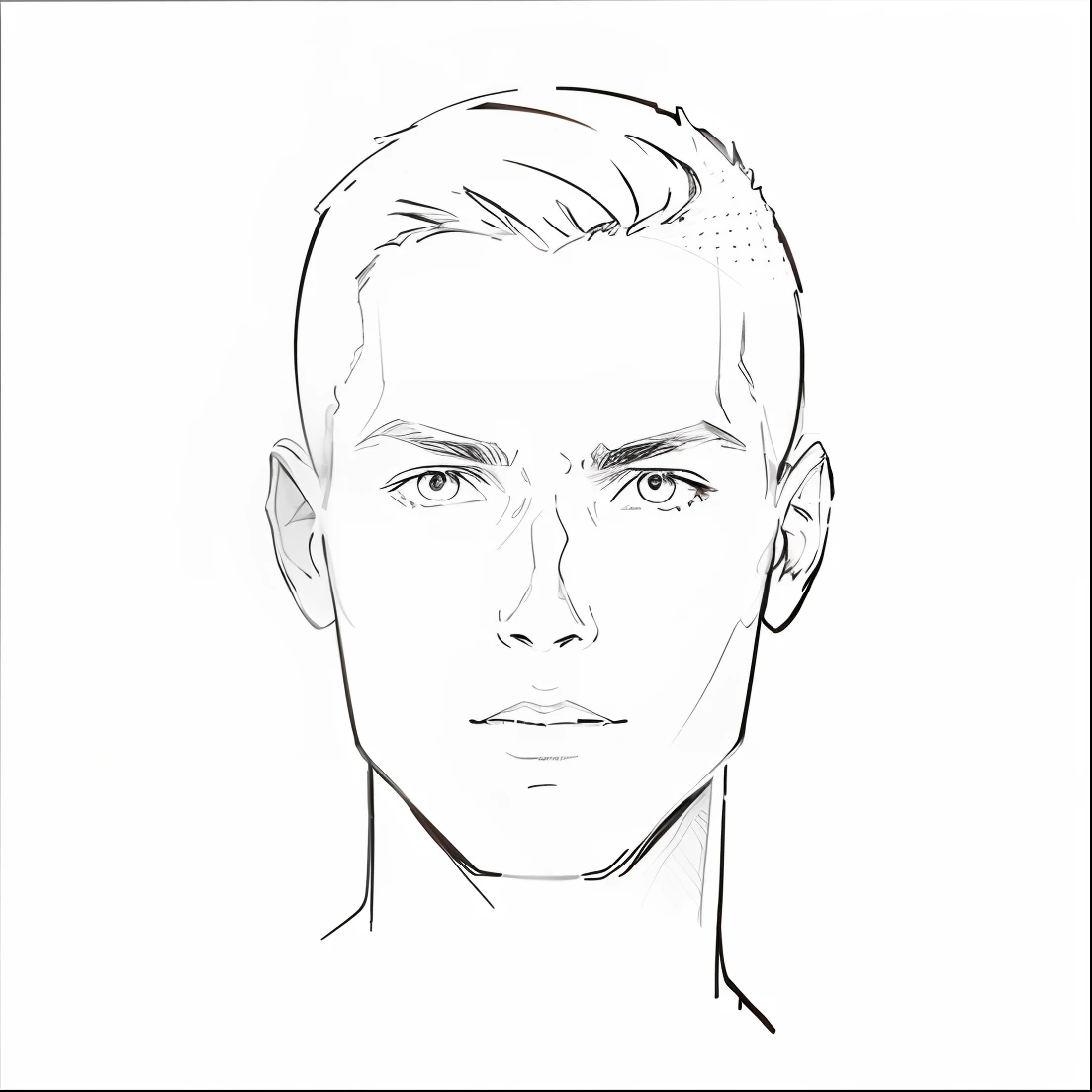 Create an image with a completely white background and a simplified silhouette of the skull of a young male person looking straight ahead, starting from the neck up. Make sure the silhouette is an outline drawing with no color fill, and that the inside of the silhouette is also empty white