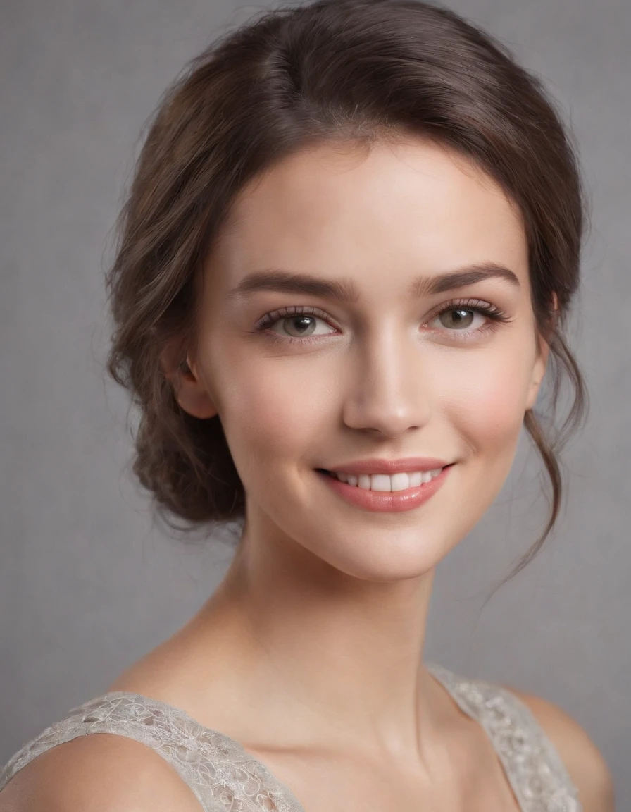 (photo: 1.3) af (realistic: 1.3), Caucasian woman, soft light, clear face, happy, cheerful, smiling, warm light, ((gray-white gradient background)), (background)). ((gray wall background)) avatar, (long or short hair), smile, handsome, young,, short hair, smile,(medium close-up）