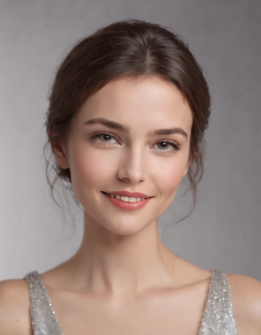 (photo: 1.3) af (realistic: 1.3), Caucasian woman, soft light, clear face, happy, cheerful, smiling, warm light, ((gray-white gradient background)), (background)). ((gray wall background)) avatar, (long or short hair), smile, handsome, young,, short hair, smile,(medium close-up）