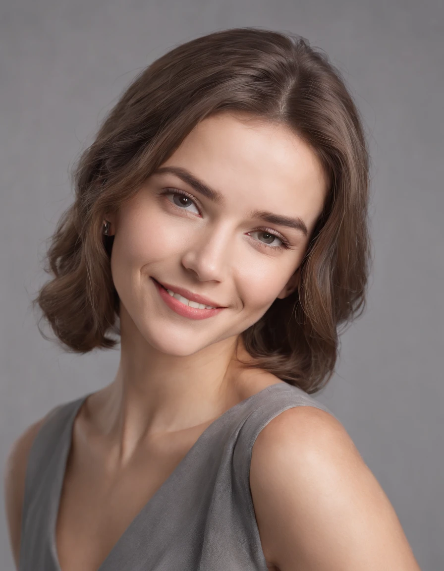 (photo: 1.3) af (realistic: 1.3), Caucasian woman, soft light, clear face, happy, cheerful, smiling, warm light, ((gray-white gradient background)), (background)). ((gray wall background)) avatar, (long or short hair), smile, handsome, young,, short hair, smile,(medium close-up)