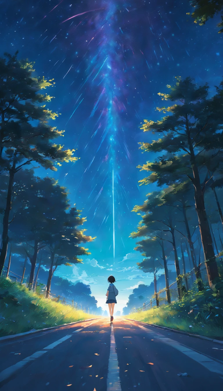 (best quality,4k,8k,highres,masterpiece:1.2),ultra-detailed,(realistic,photorealistic,photo-realistic:1.37) A lone figure sprinting down a dark road lined with trees silhouetted against a starry night sky. Movement lines suggest speed and momentum. The composition leads the eye towards the distant horizon, evoking limitless potential. Painted in dramatic acrylic textures.