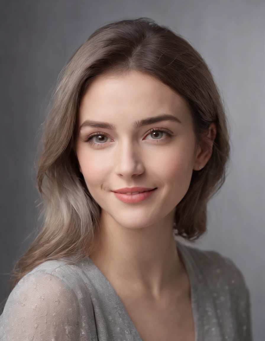 (photo: 1.3) af (realistic: 1.3), Caucasian woman, soft light, clear face, happy, cheerful, smiling, warm light, shirt, ((gray-white gradient background)), (background)). ((grey wall background)) avatar, (long or short hair), smile, handsome, young,, short hair, smile, (medium close-up)