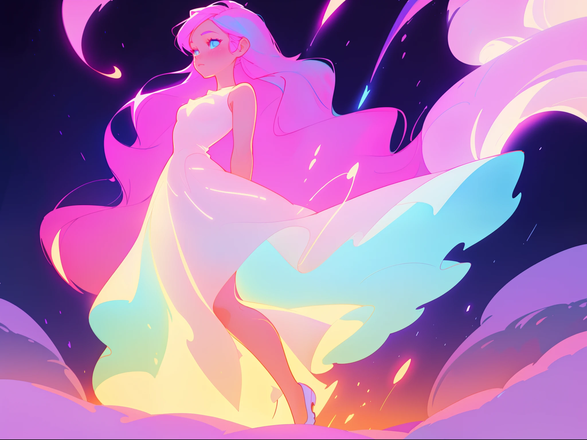there is a girl in a dress that is standing in the snow, inspired by Glen Keane, inspired by Lois van Baarle, disney art style, by Lois van Baarle, glowing aura around her, by Glen Keane, jen bartel, glowing lights! digital painting, flowing glowing hair, glowing flowing hair, beautiful digital illustration