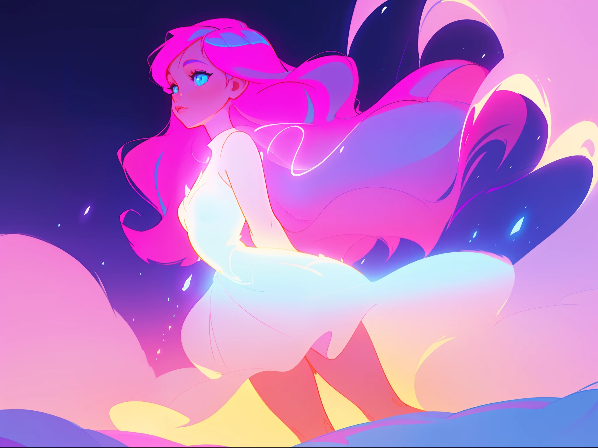 there is a girl in a dress that is standing in the snow, inspired by Glen Keane, inspired by Lois van Baarle, disney art style, by Lois van Baarle, glowing aura around her, by Glen Keane, jen bartel, glowing lights! digital painting, flowing glowing hair, glowing flowing hair, beautiful digital illustration