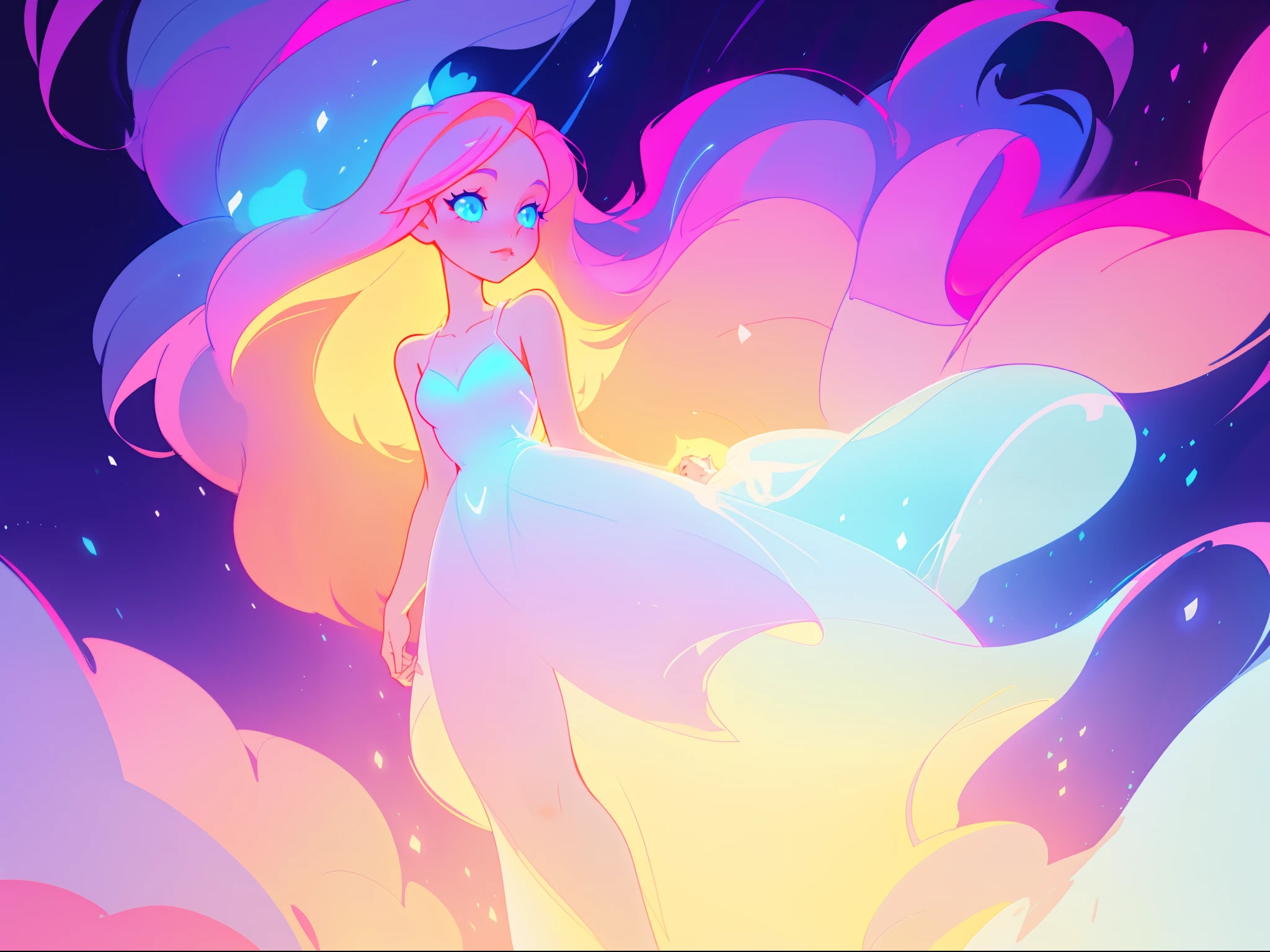 there is a girl in a dress that is standing in the snow, inspired by Glen Keane, inspired by Lois van Baarle, disney art style, by Lois van Baarle, glowing aura around her, by Glen Keane, jen bartel, glowing lights! digital painting, flowing glowing hair, glowing flowing hair, beautiful digital illustration
