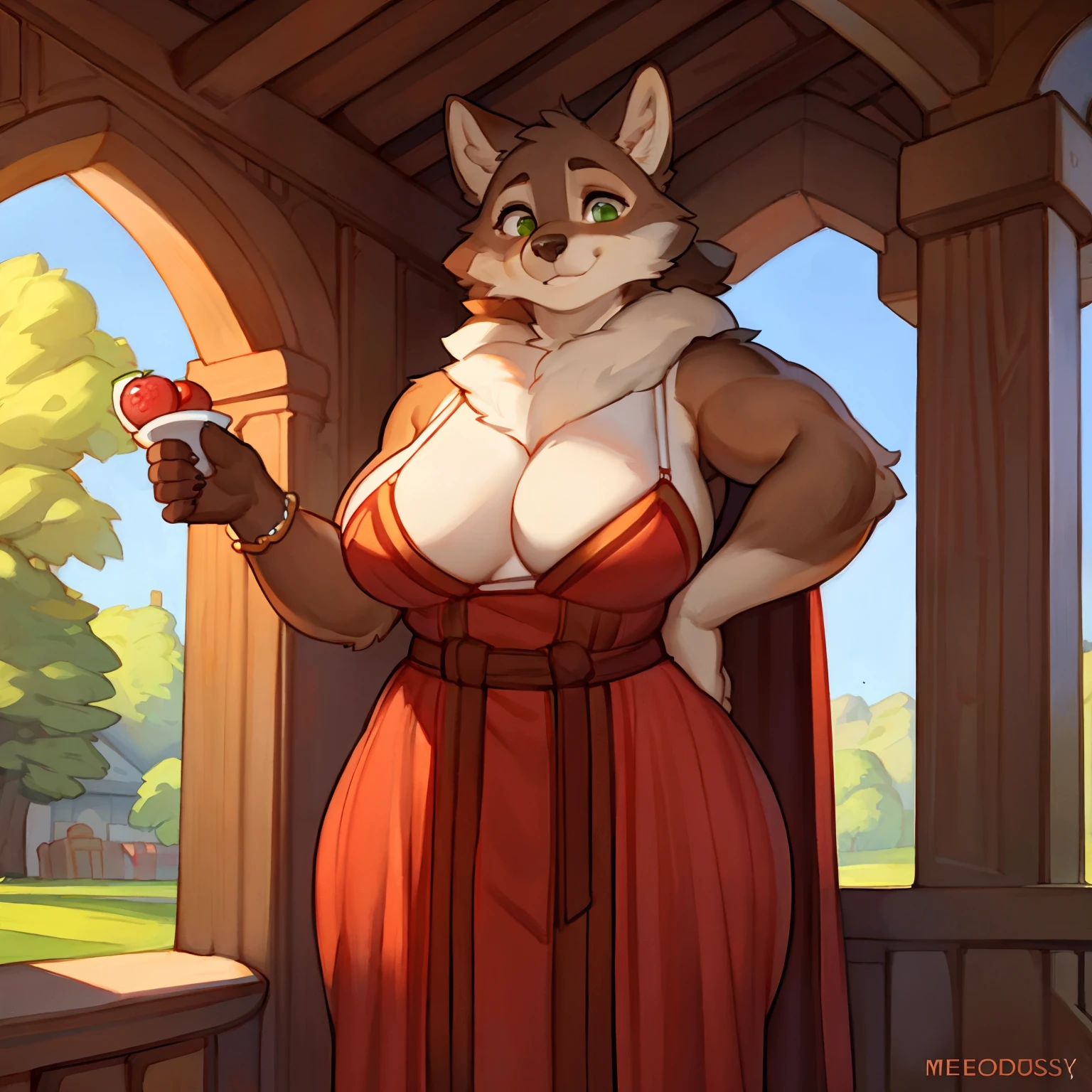 By chelodoy, by zaush, by bebebebebe, by spuydjeks, by meesh, by bigcozyorca, solo, chubby_muscular_timberwolf female brown_furry_body wide_hips thick_thighs green_eyes milf fluffy medieval_dress solo Masterpiece best_quality absurdres highly_detailed cleanly_drawn_eyes anthro_only motherly_smile