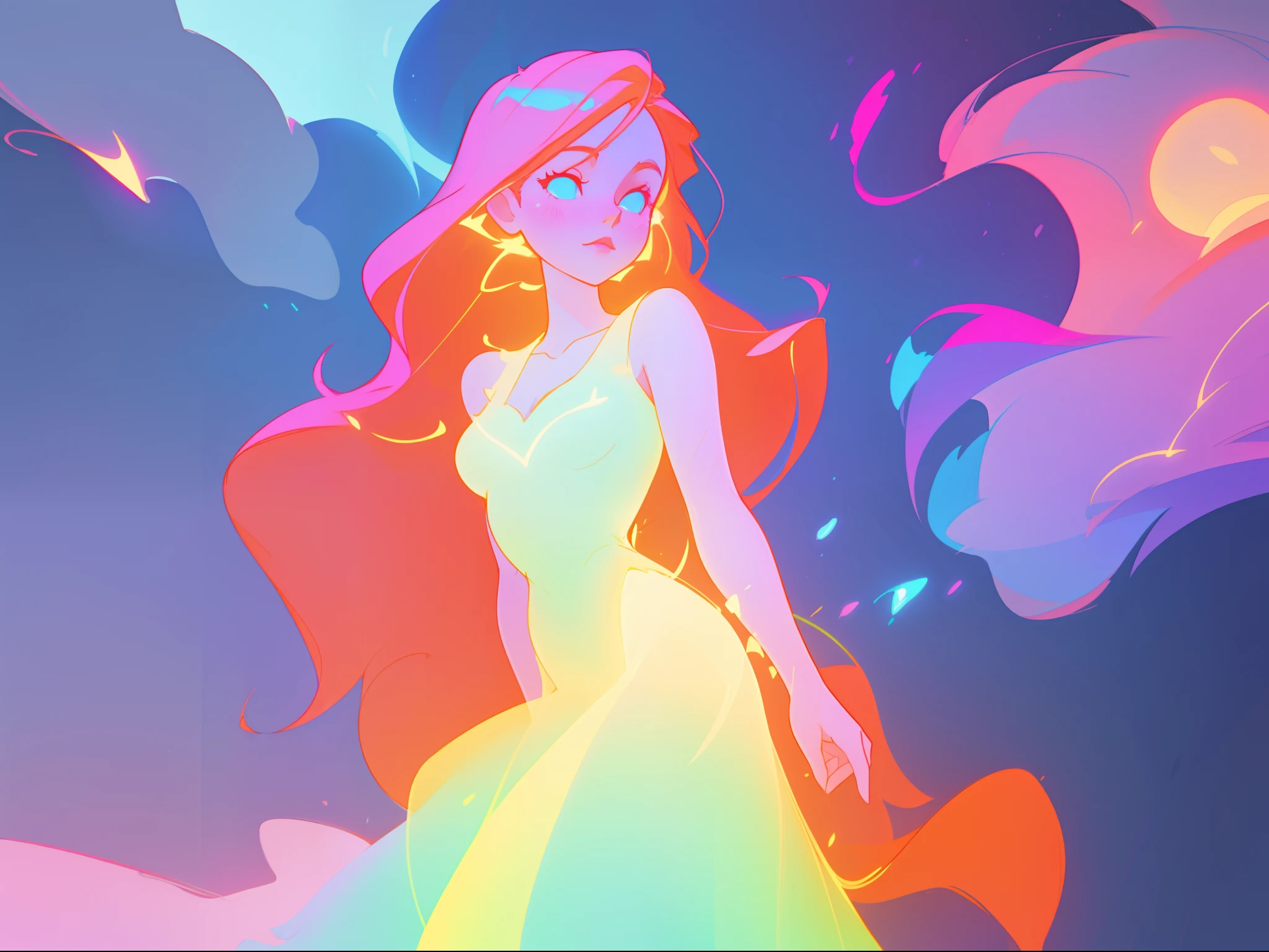 there is a girl in a dress that is standing in the snow, inspired by Glen Keane, inspired by Lois van Baarle, disney art style, by Lois van Baarle, glowing aura around her, by Glen Keane, jen bartel, glowing lights! digital painting, flowing glowing hair, glowing flowing hair, beautiful digital illustration