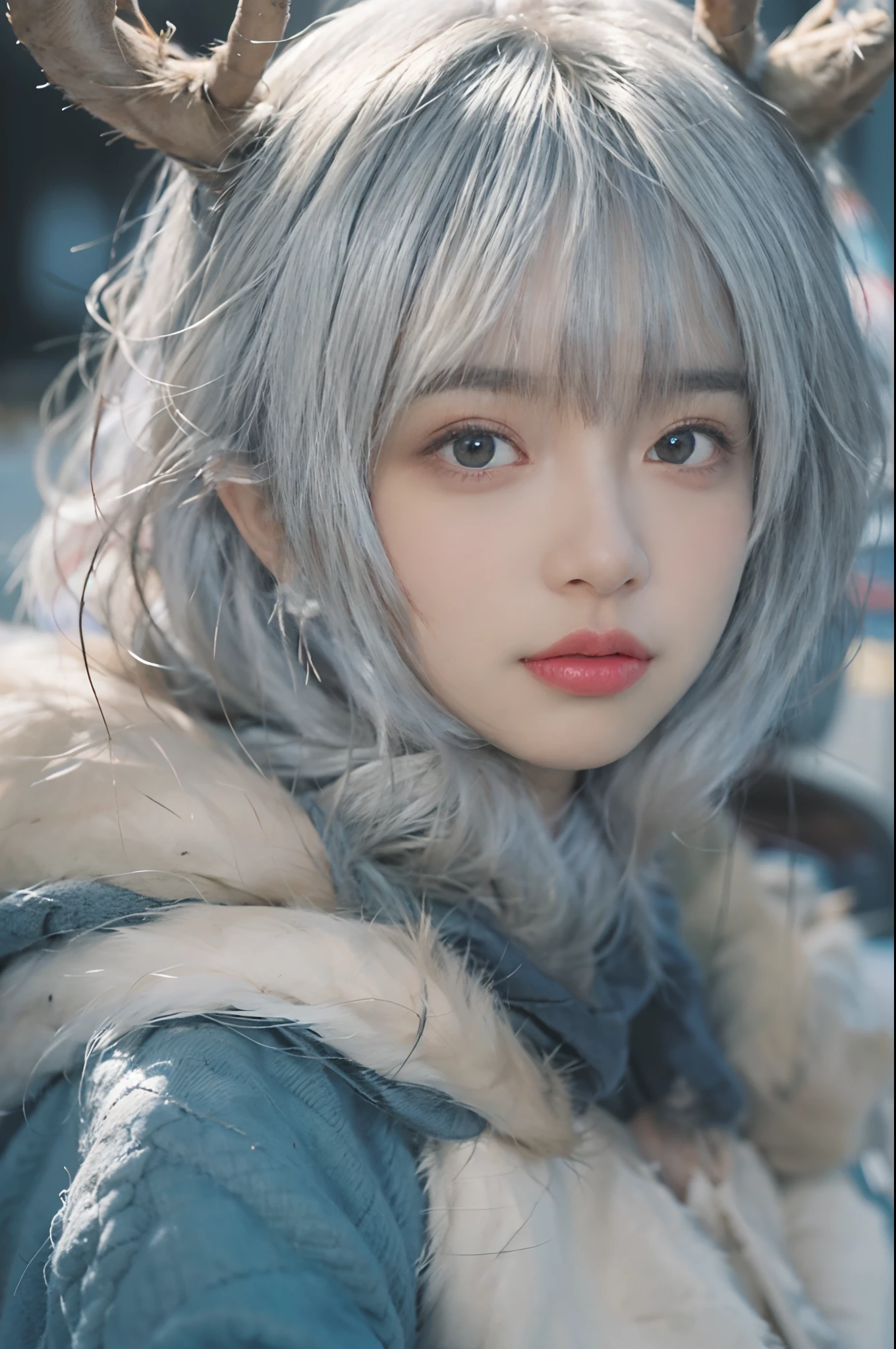 8K, Best Quality, masutepiece, Ultra High Resolution, (Realism: 1.4), Original photo, (True skin texture: 1.3), (Film grain: 1.3), (Other angles), wide-angle lens, 1 girl, Bow sleigh、Beautiful eyes and face details, masutepiece, Best Quality, close up, Full body, Look at the viewer,Blue Ribbon、greys、White Bob Cut、、Two-eared deer antlers