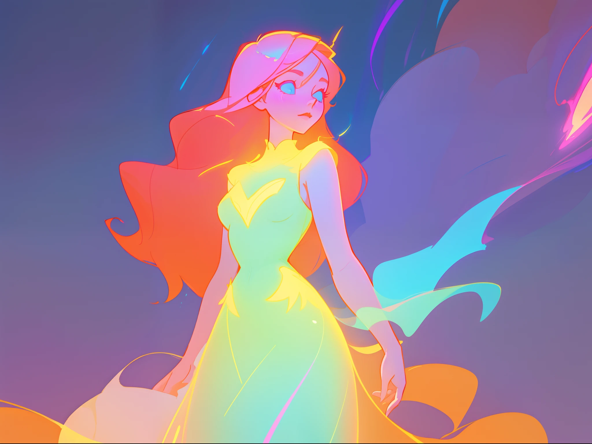 there is a girl in a dress that is standing in the snow, inspired by Glen Keane, inspired by Lois van Baarle, disney art style, by Lois van Baarle, glowing aura around her, by Glen Keane, jen bartel, glowing lights! digital painting, flowing glowing hair, glowing flowing hair, beautiful digital illustration