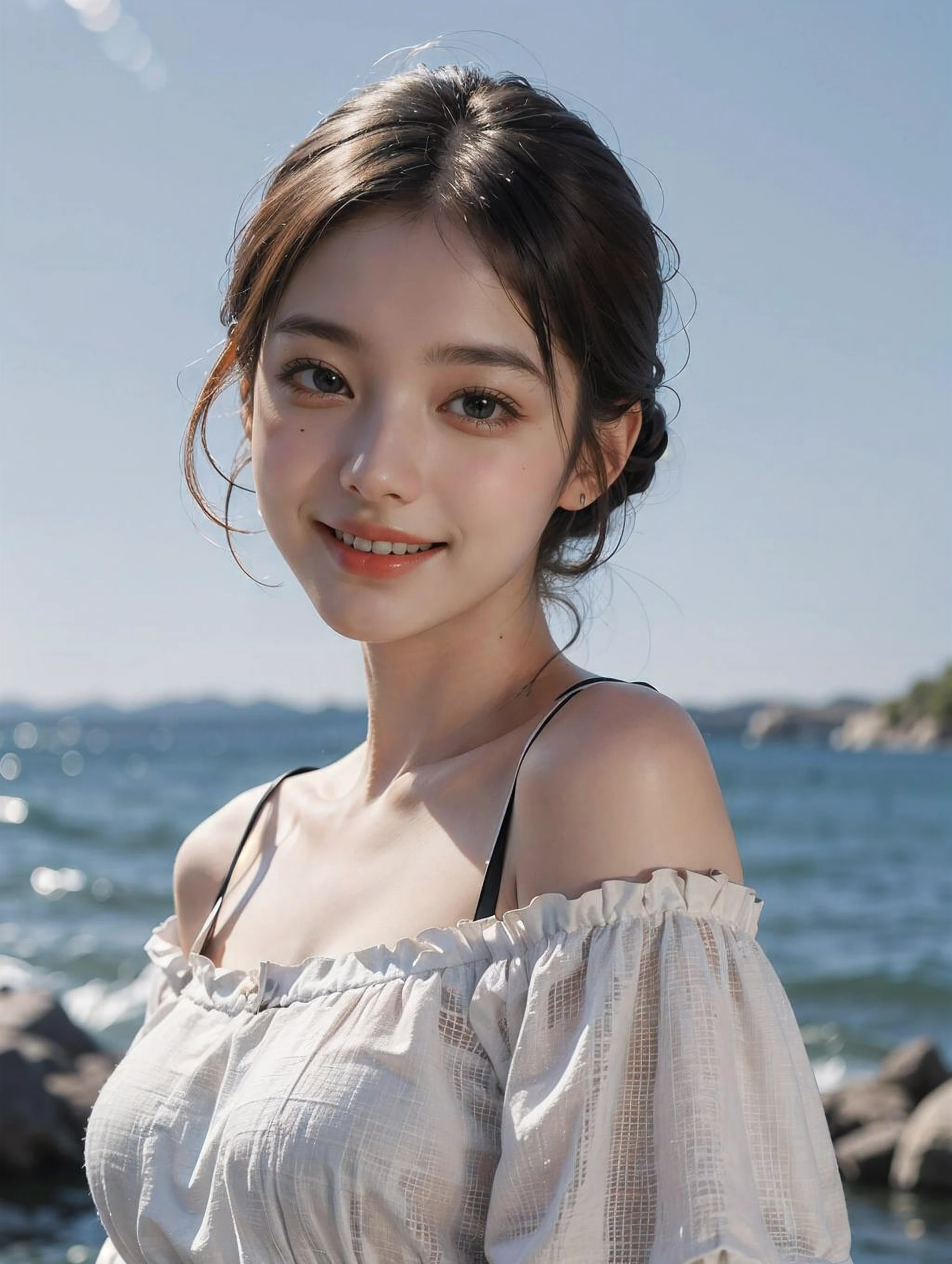 1girl, offshoulder, light smile, shiny skin
best quality, masterpiece, (photorealistic:1.4)