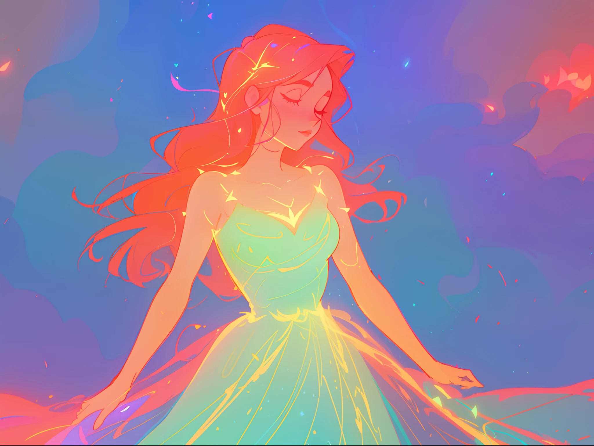there is a girl in a dress that is standing in the snow, inspired by Glen Keane, inspired by Lois van Baarle, disney art style, by Lois van Baarle, glowing aura around her, by Glen Keane, jen bartel, glowing lights! digital painting, flowing glowing hair, glowing flowing hair, beautiful digital illustration