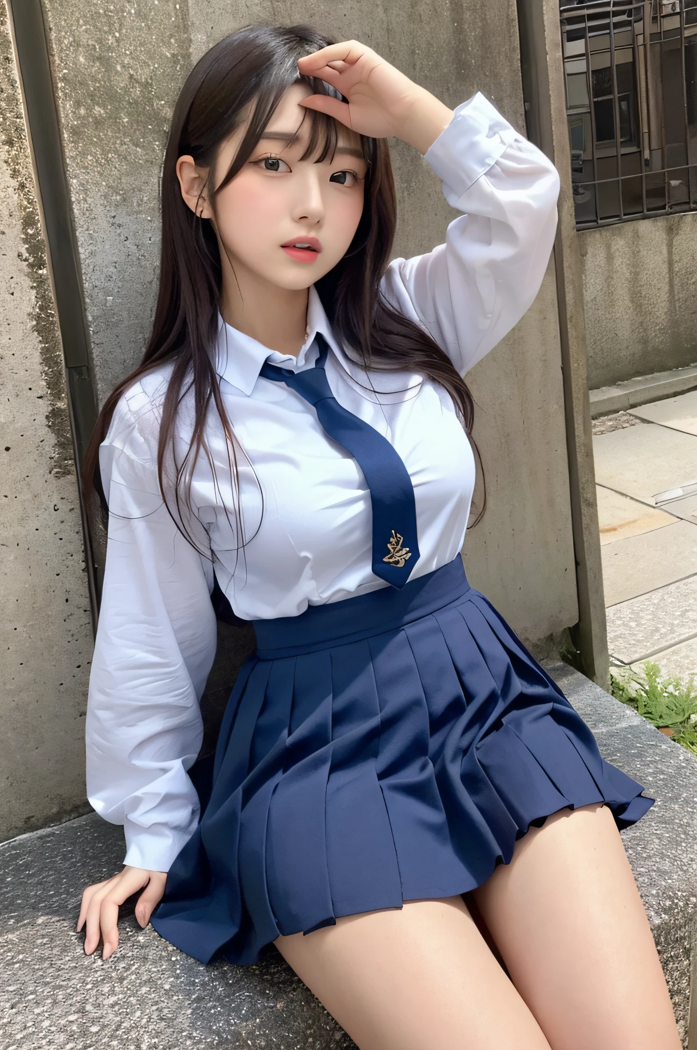 Photo Real、photoRealstic、girl1、ultra-detailliert　A dark-haired　pleatedskirt、shirt、Japan school uniform　Soft thighs、Lower breast　Shrimp warping pose　Background with、schools