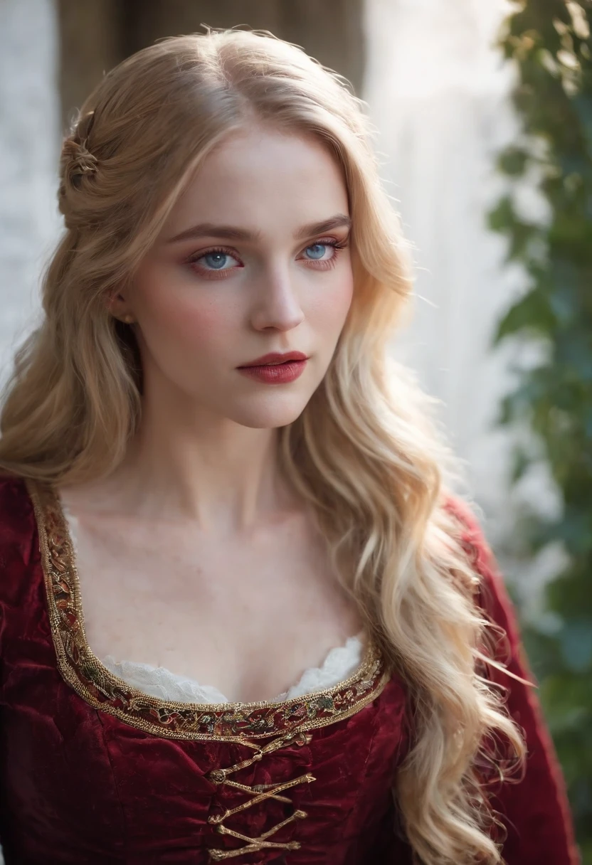 (((a deep red wound crosses her left cheek))) light complexion, woman of about 19, natural blonde hair, distinctive blue eyes, dressed in kohl, slender and graceful, beautiful, by candlelight in a medieval setting, ultra sharp focus, realistic shot, medieval female clothing, tetradic colors (scar:1.4)