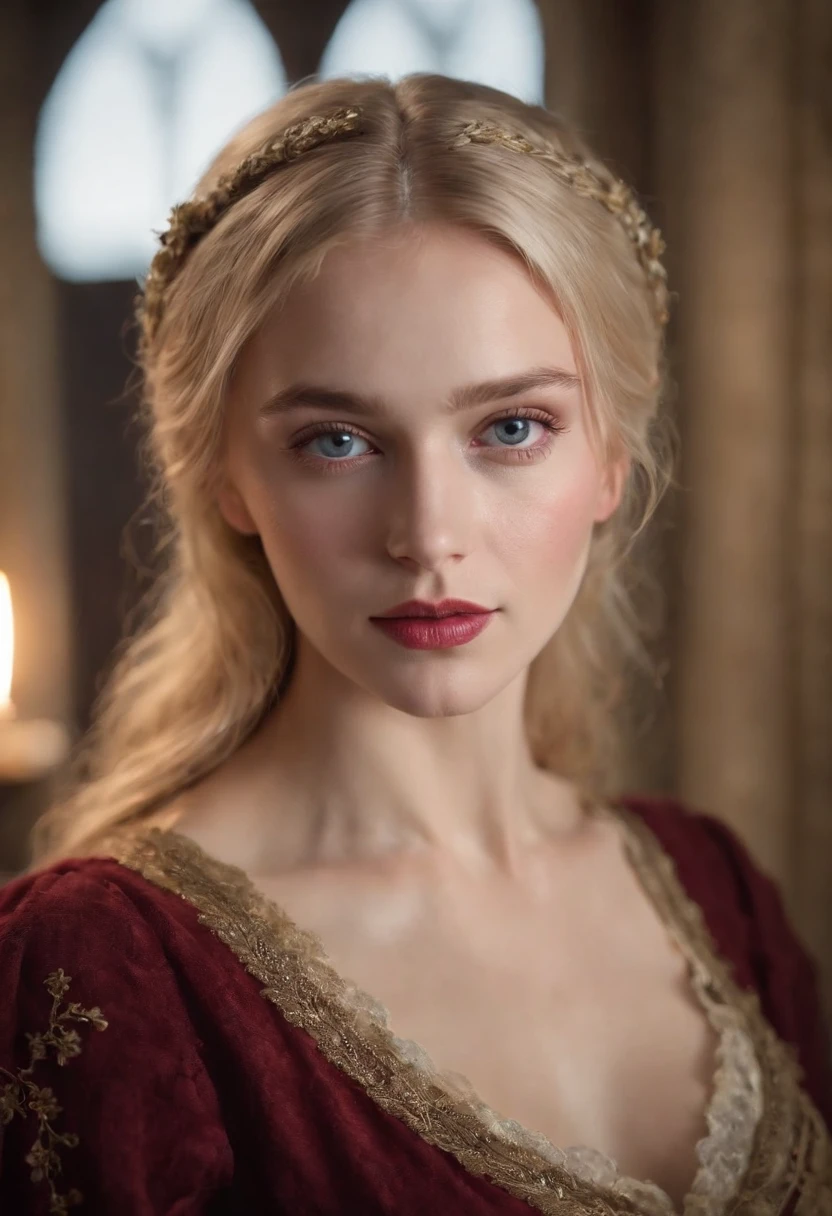 (((a deep red wound crosses her left cheek))) light complexion, woman of about 19, natural blonde hair, distinctive blue eyes, dressed in kohl, slender and graceful, beautiful, by candlelight in a medieval setting, ultra sharp focus, realistic shot, medieval female clothing, tetradic colors (scar:1.4)