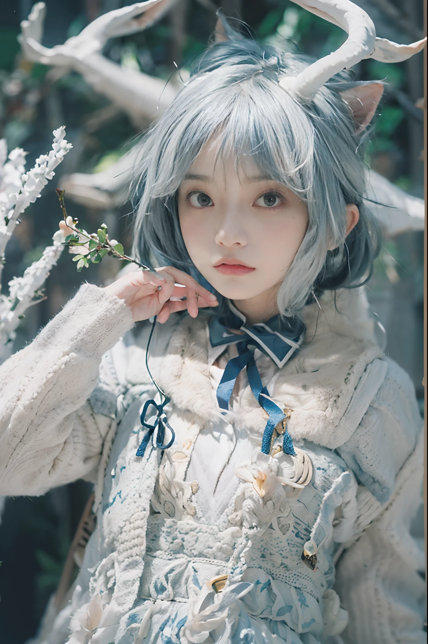 8K, Best Quality, masutepiece, Ultra High Resolution, (Realism: 1.4), Original photo, (True skin texture: 1.3), (Film grain: 1.3), (Other angles), wide-angle lens, 1 girl, Bow sleigh、Beautiful eyes and face details, masutepiece, Best Quality, close up, Full body, Look at the viewer,Blue Ribbon、greys、White Bob Cut、18year old、Two-eared deer horns
