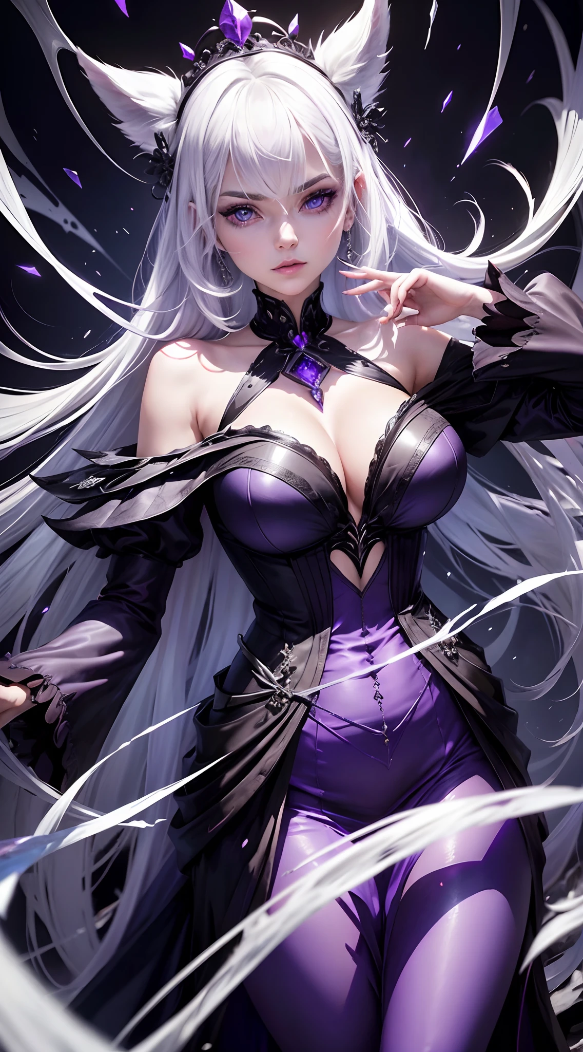 Describe a 25-year-old woman with white hair and lilac details. She is dressed in a long deep dark purple dress and wears stunning makeup. This woman is known as the Queen of Chaos, and blue flames with black are constantly emanating from his body, criando um ambiente misterioso e sobrenatural ao seu redor