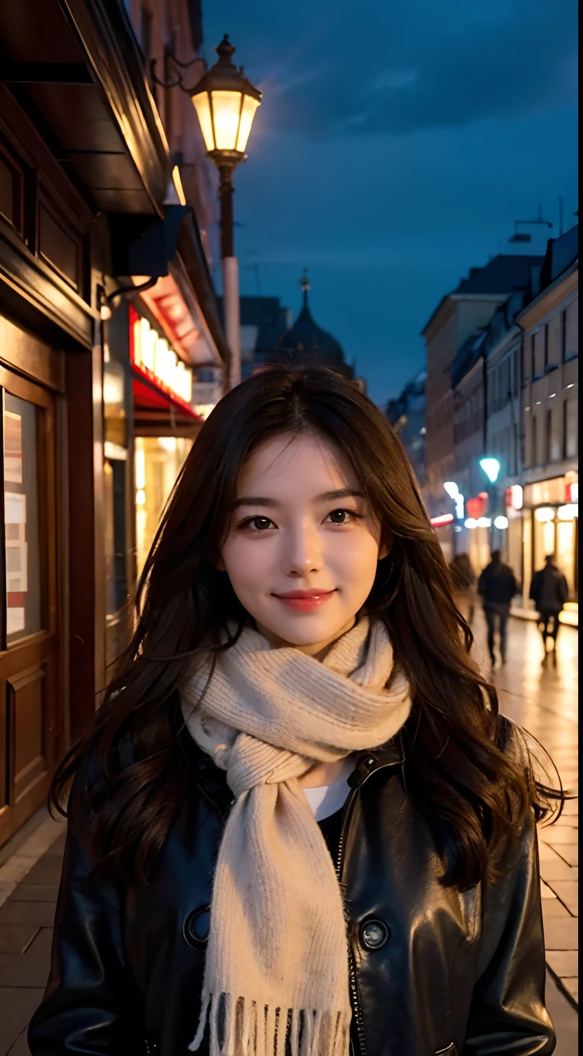 masterpiece, realistic, 8k, ultra HD, a street center photo shows an adorable, 27-year-old. In this photo, it is apparent that she has sharp eyes and a pointed nose, but she has a cute smile. Her breasts are big sized. Maximize it enhanced her breast contour. Sexy but still in the normal stage. The photo was taken at a street center in Russia with good lighting that creates a cinematic atmosphere for the image. She is also seen wearing an adorable scarf.
